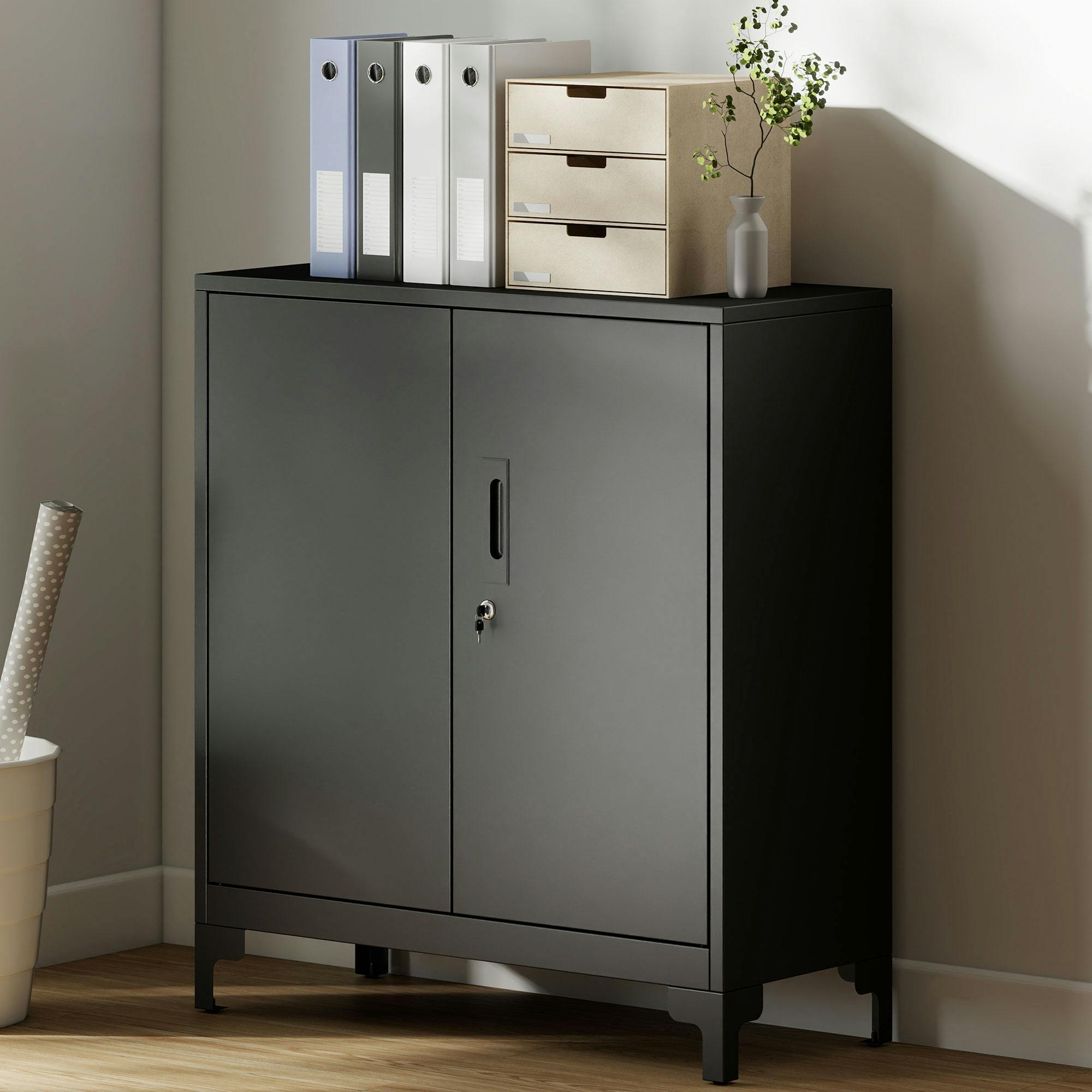 Rackhams Black Lockable Metal Filing Cabinet, 2-Tier Storage Cupboard