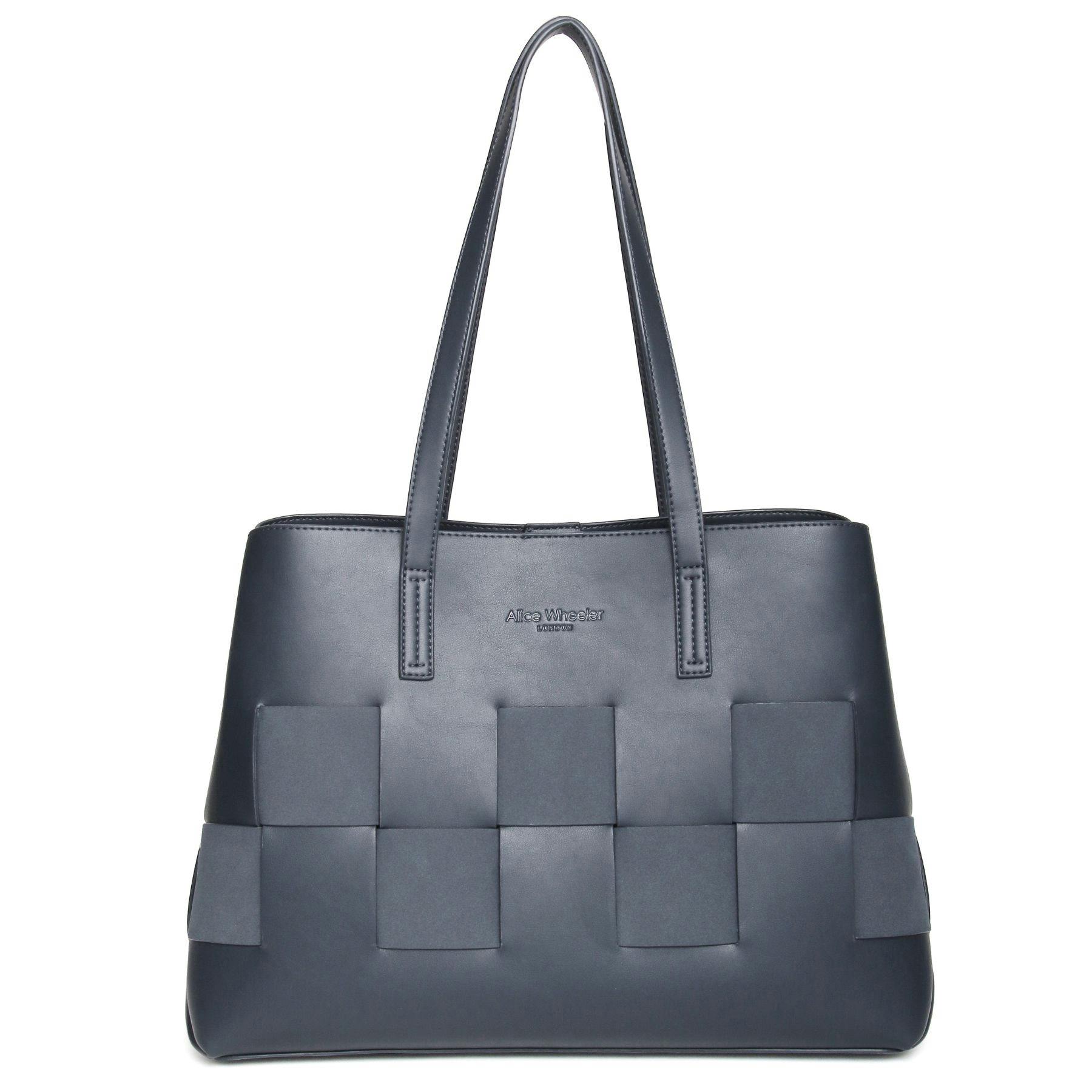 Alice Wheeler Black Milan Tote Bag – Large Structured Work Bag – Vegan Nappa & Suede - Navy