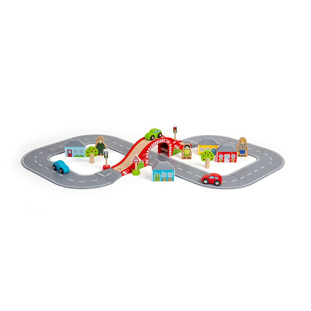 Bigjigs Rail Grey/Red Wooden Figure Of Eight Roadway Set - 36 Pieces