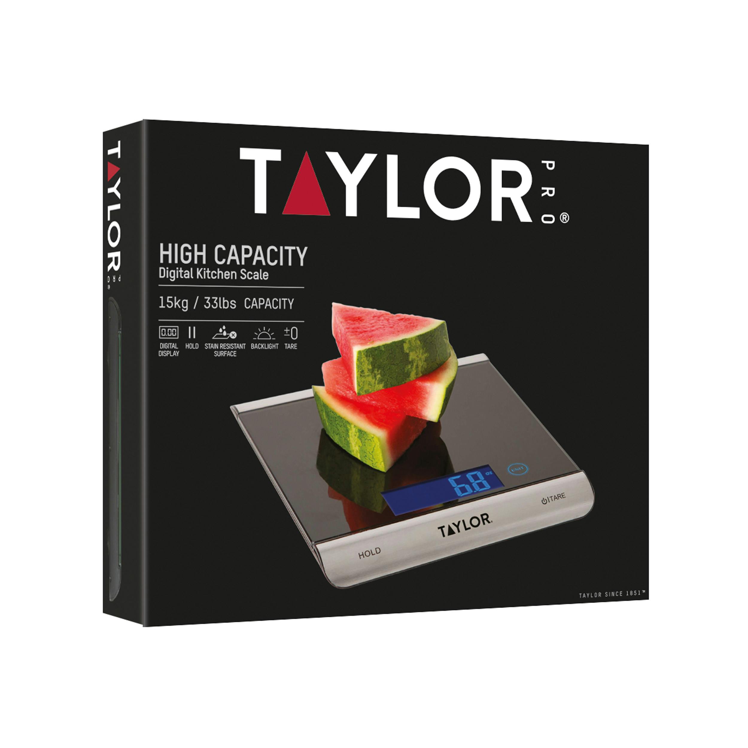 Taylor Pro Ultra High Capacity Digital Kitchen Food Scales, Compact Professional Standard with Precision Accuracy and Tare Feature, Black Glass And Stainless Steel, Weighs 15 kg Capacity - Image 6