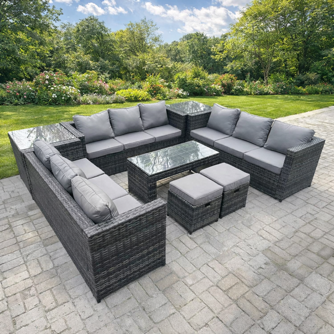Rackhams Dark/Grey 11 Seater Rattan Garden Furniture Set With Rectangular Coffee Table, 2 Corner Side Tables & 2 Stools