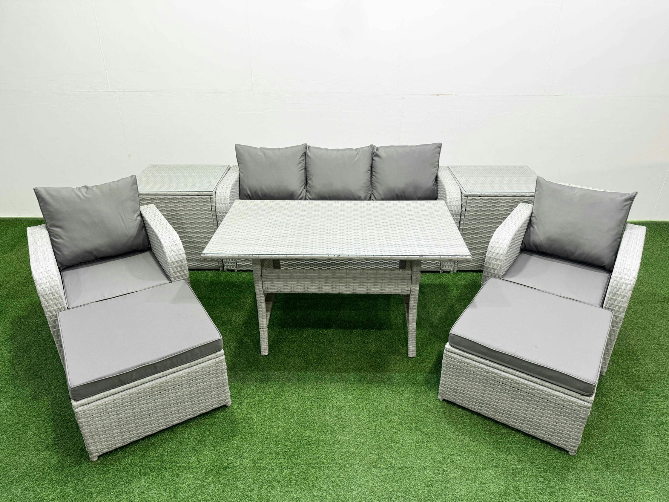 Fimous Light/Grey Pe Rattan Garden Furniture Set Reclining Chair Sofa Lounge Sofa Set Rectangular Dining Table 2 Side Table 2 Big Footstool