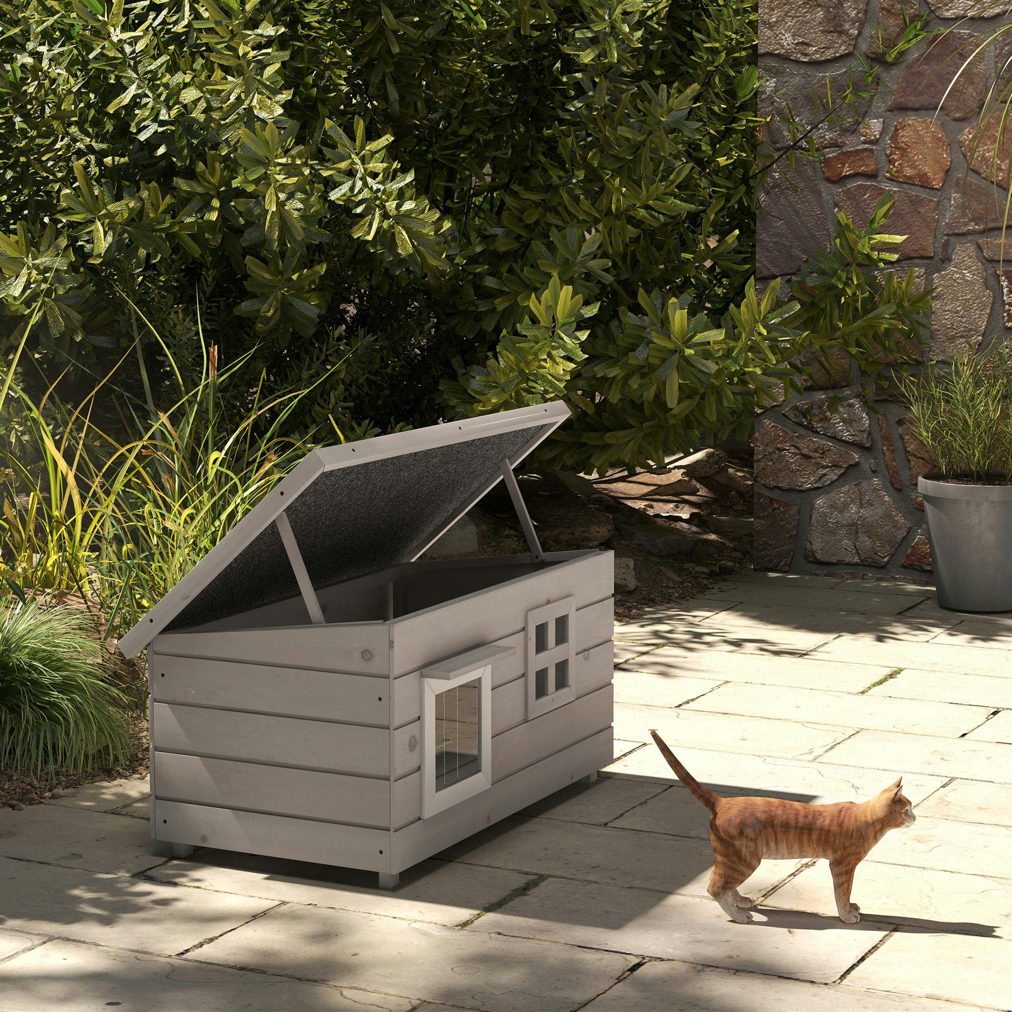 Wooden Cat House Outdoor with Openable Top Asphalt Roof Window Grey - Image 3