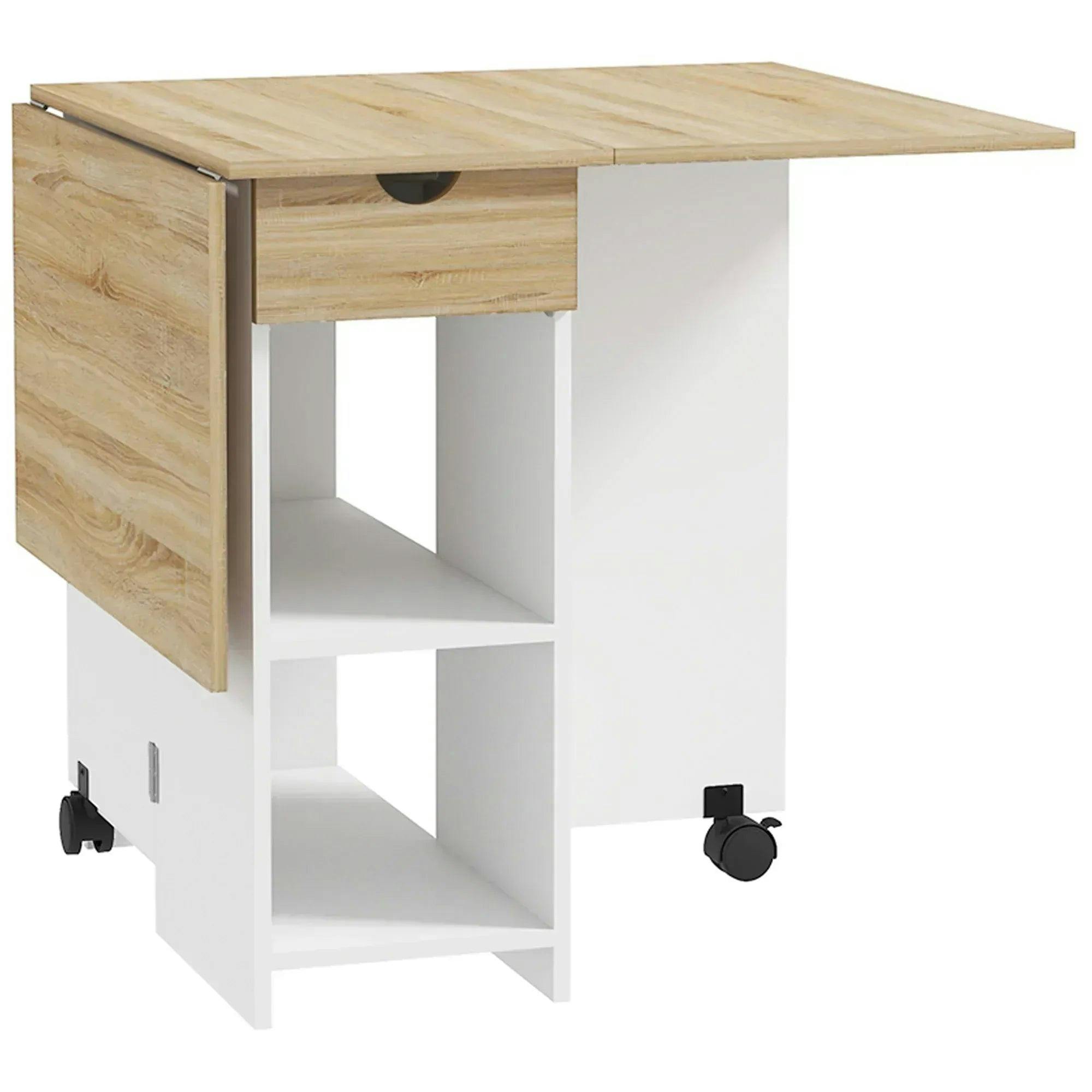 Rackhams White Folding Dining Table, Drop Leaf Table For Small Spaces, Foldable Table With Drawer And Storage Shelves For Kitchen, Dining Room, Oak