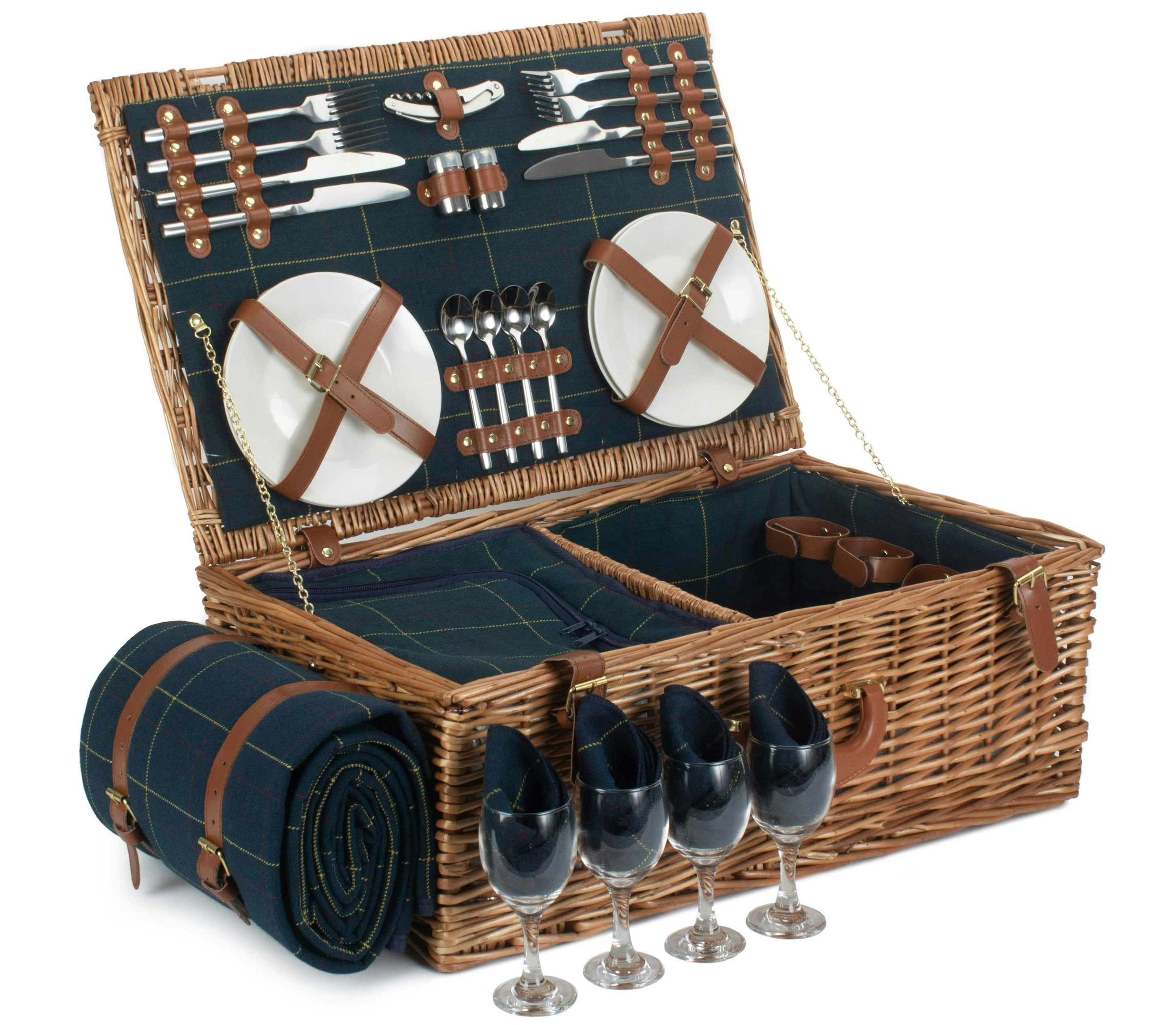 Red Hamper Red/Blue Hamper Tweed Fitted Wicker Picnic Basket - 4 Person