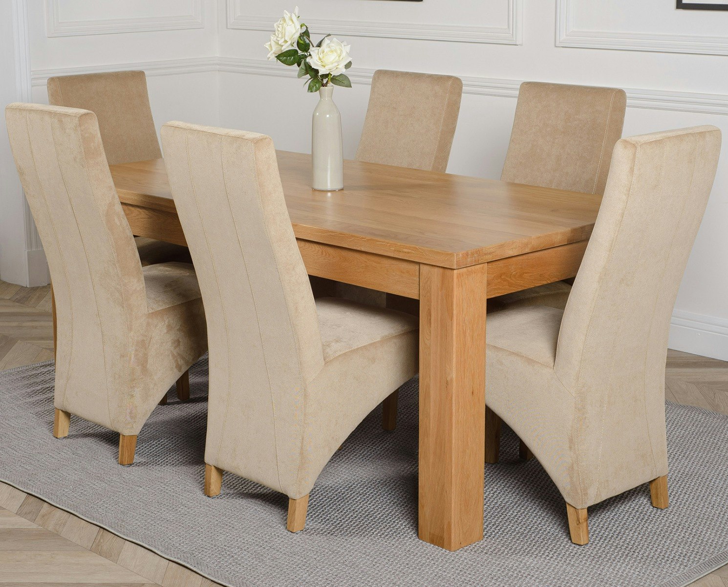 That's Furniture Beige Dakota Large Oak Dining Table With Lola Fabric Chairs - 6 Chairs