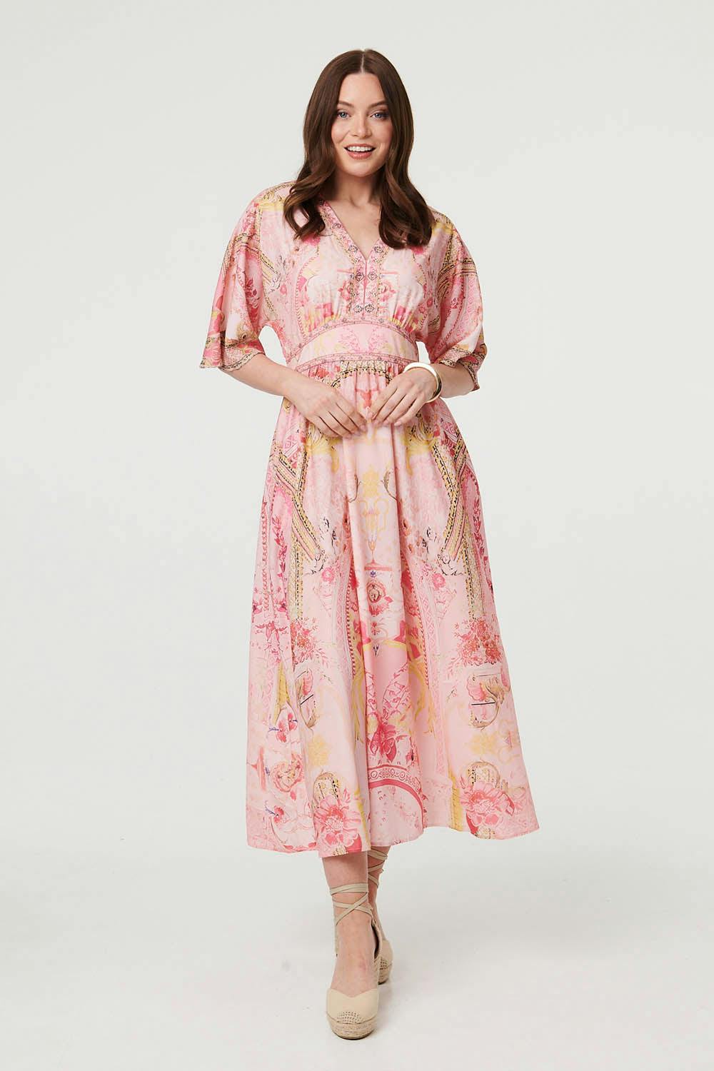 Izabel London Pink Relaxed 3/4 Sleeve Empire Maxi Dress - 14