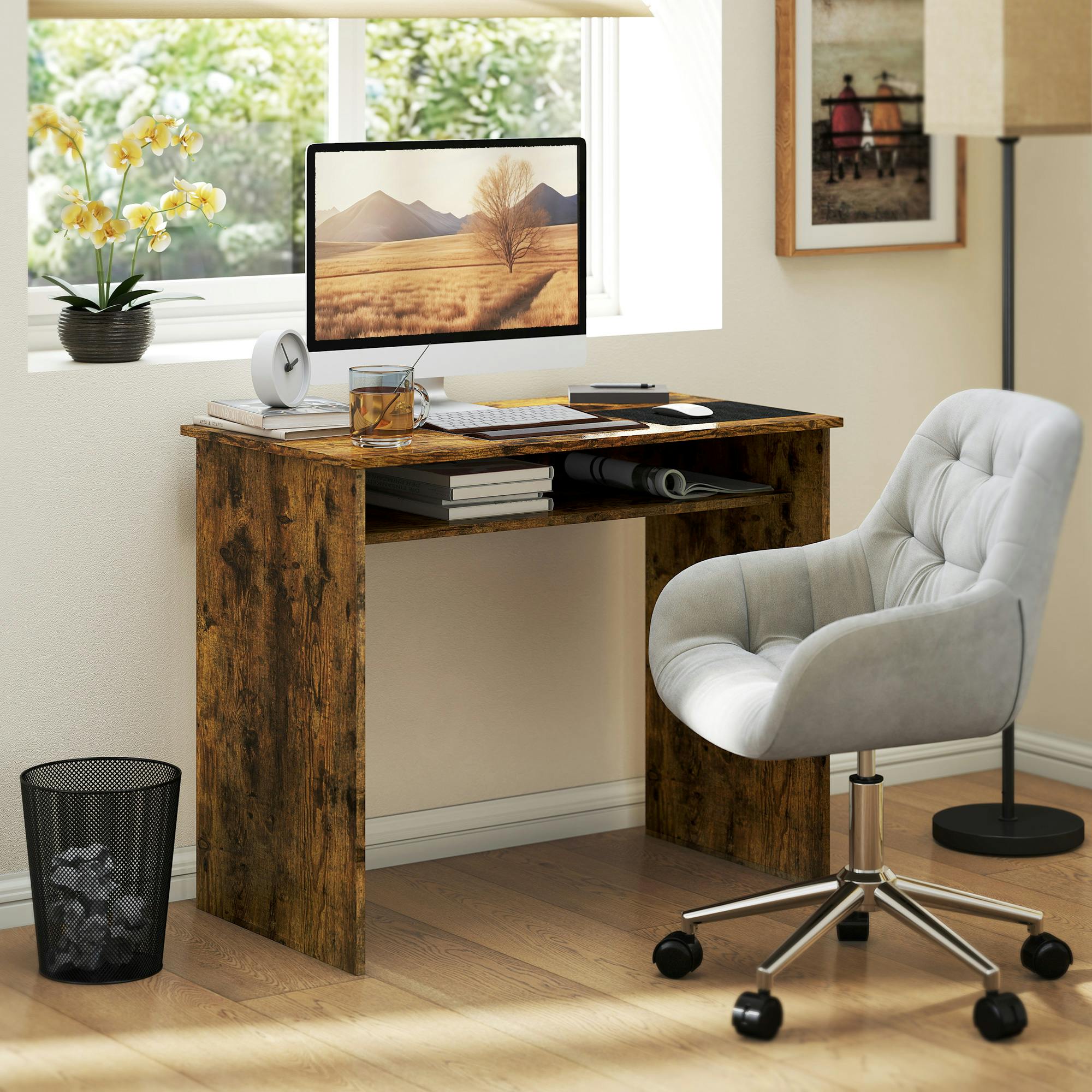 Rackhams Brown Computer Desk Writing Table Study Workstation Storage - Rustic - 50 - 90