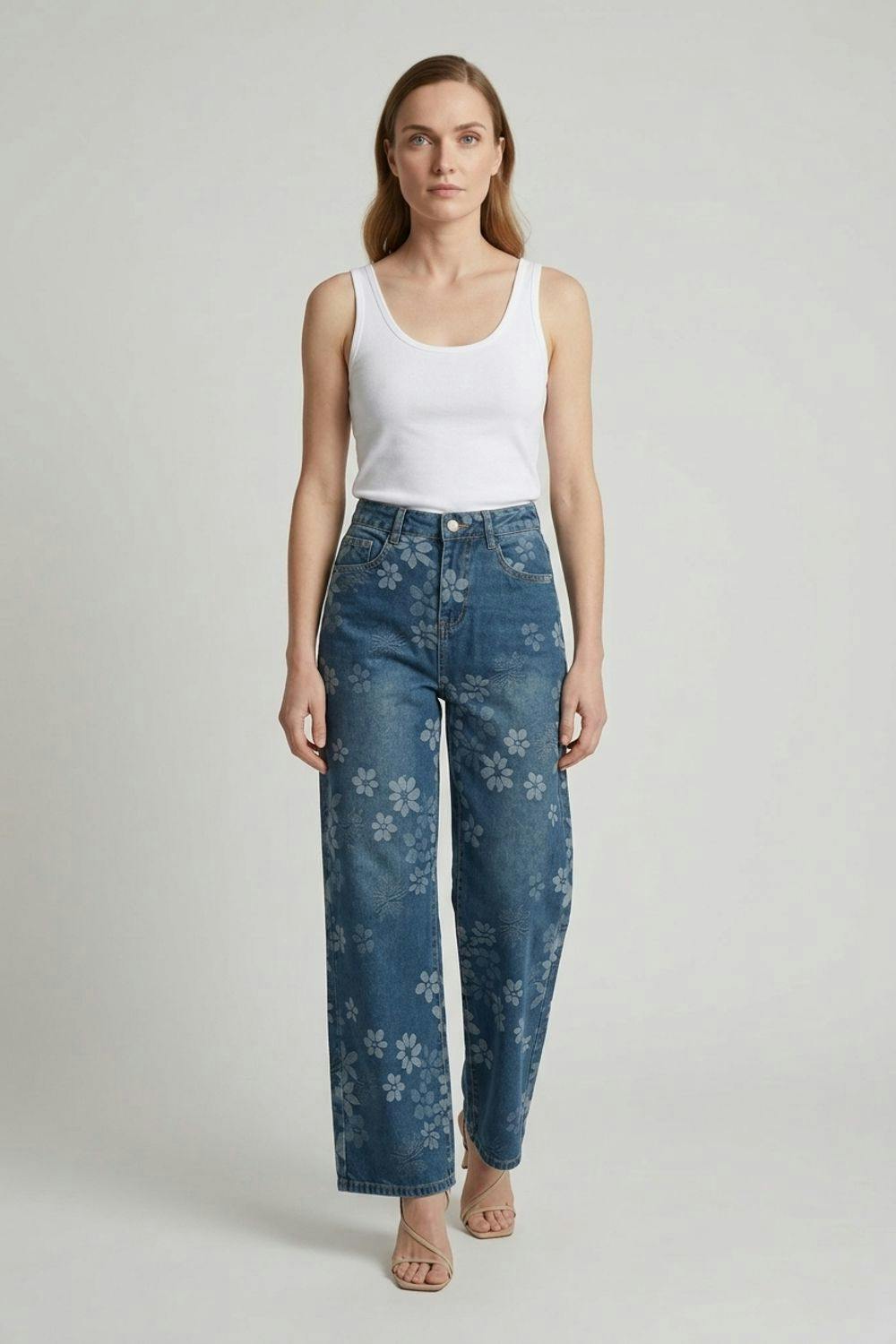 Izabel London Blue Floral High Waist Wide Leg Jeans - 16