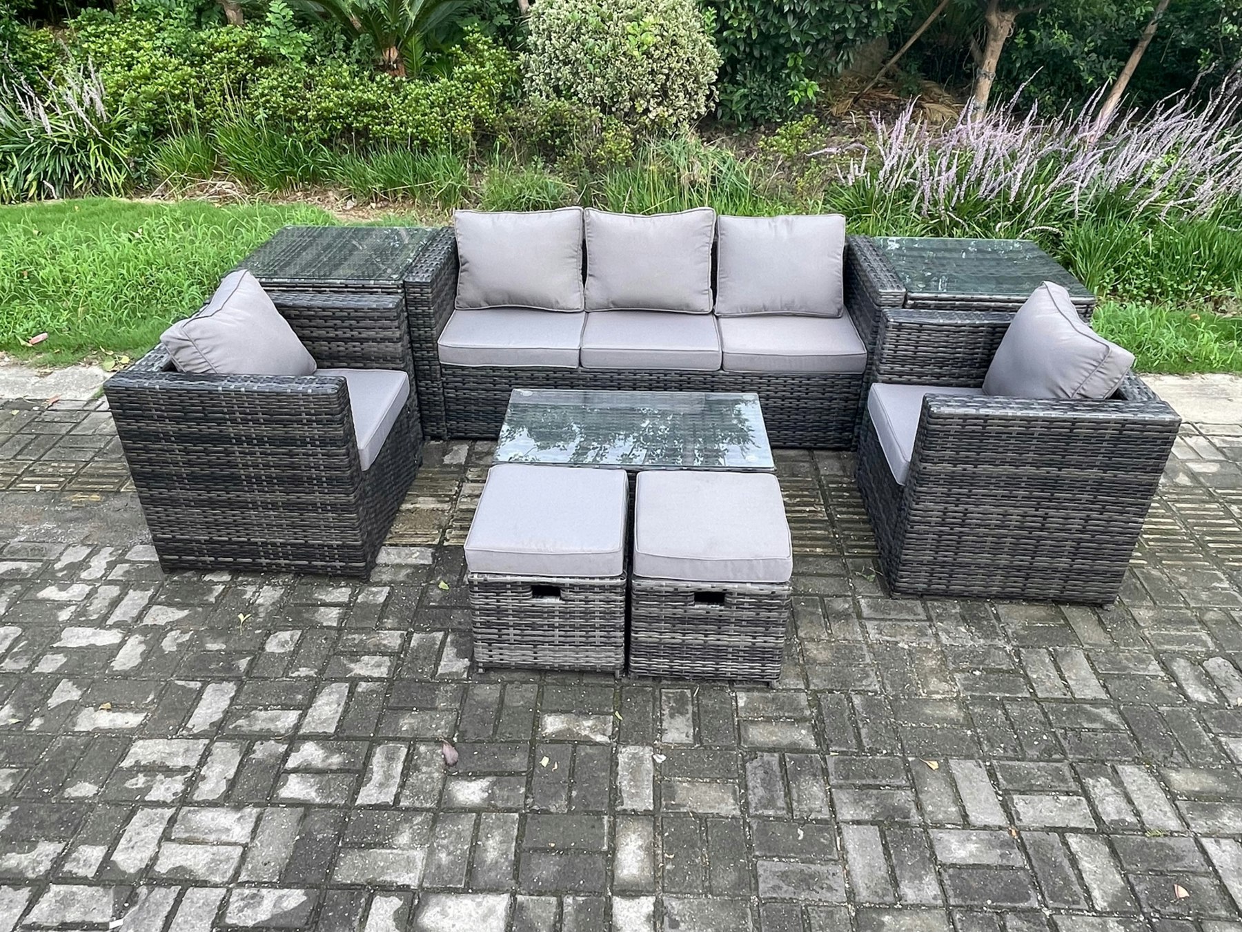 Fimous Dark/Grey Outdoor Rattan Garden Lounge Sofa Set - Mixed Patio Furniture With 3-Seater Sofa, Coffee Table & 2 Armchairs