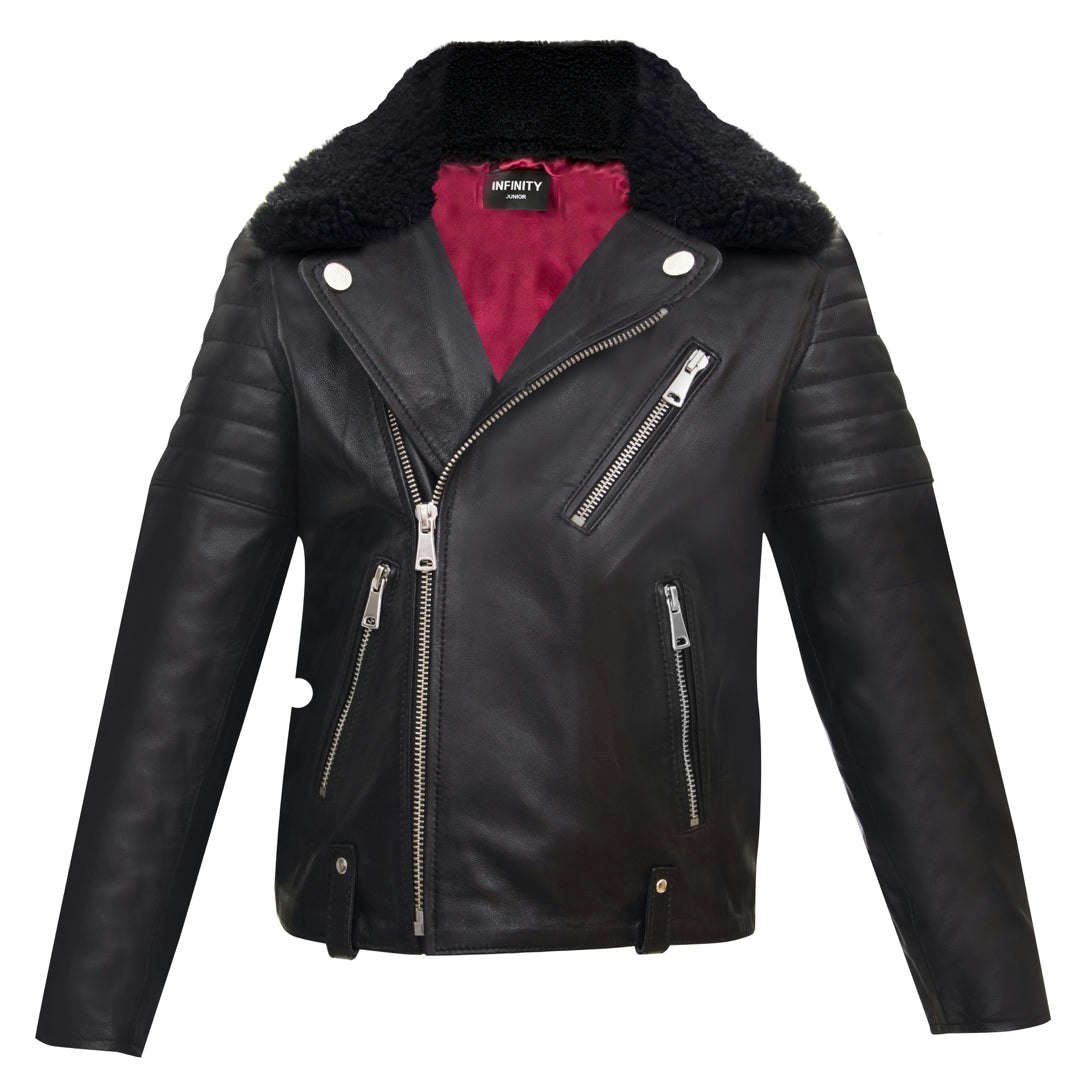 Truclothing Boys Black Kids Real Leather Biker Style Jacket Brando Cross Zip Fur Collar - 3-4 Years