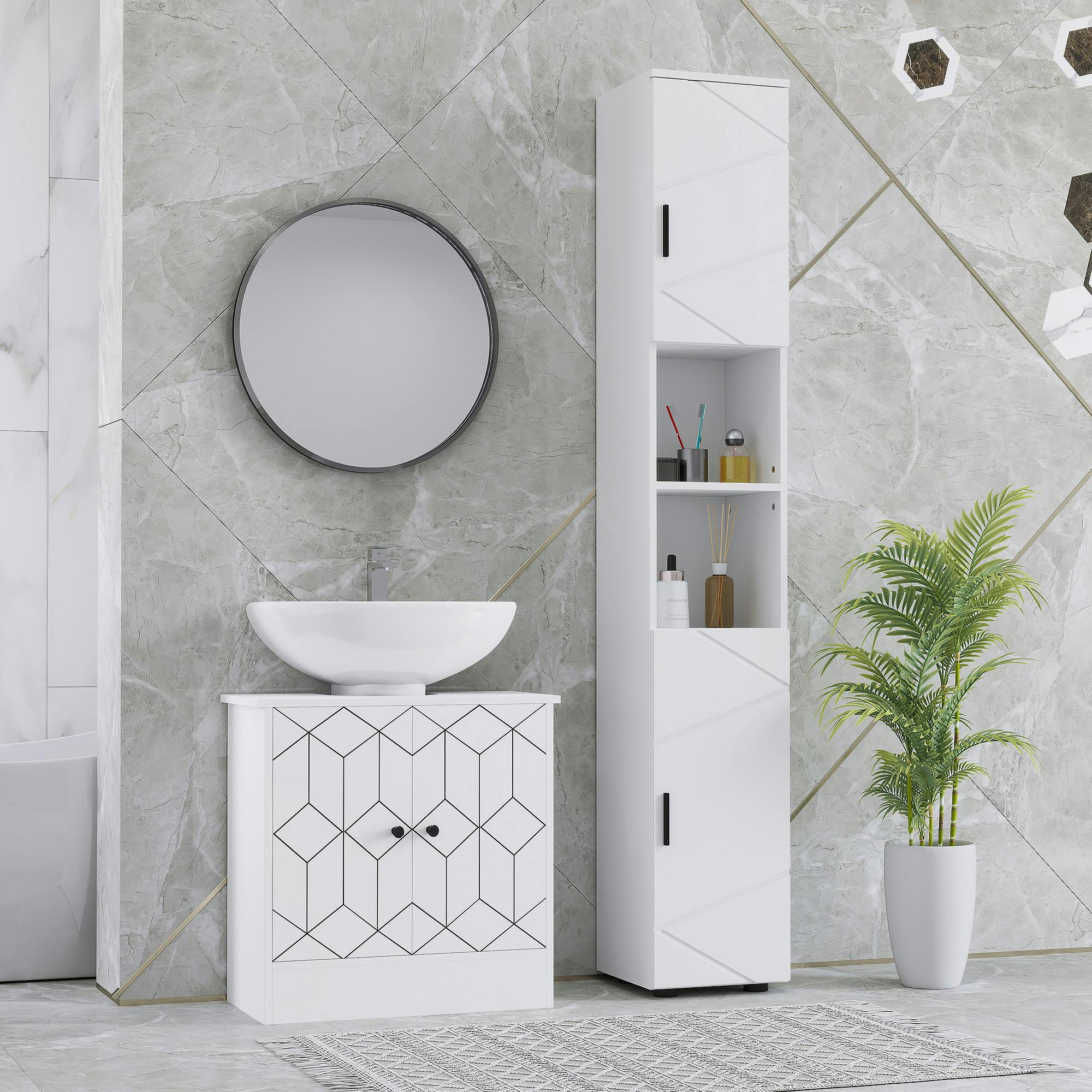 Rackhams White Tall Bathroom Storage Cabinet With Soft Close Mechanism, - Bathroom Cabinet - Particle Board