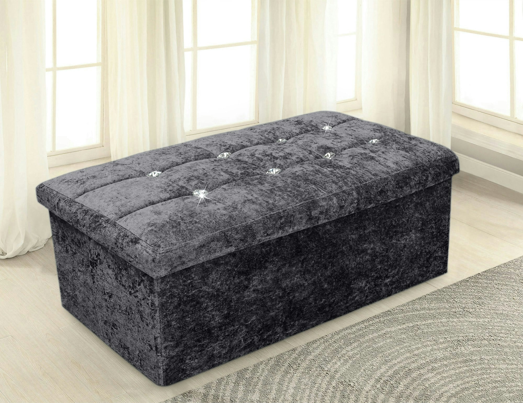 Rackhams Grey Crushed Velvet Storage Ottoman - 76Cm X 38Cm Foldable