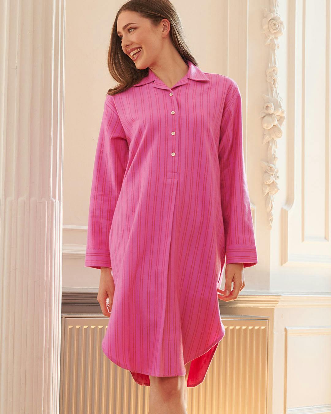British Boxers Women's Brushed Cotton Nightshirt – Westwood Raspberry Stripe - Medium