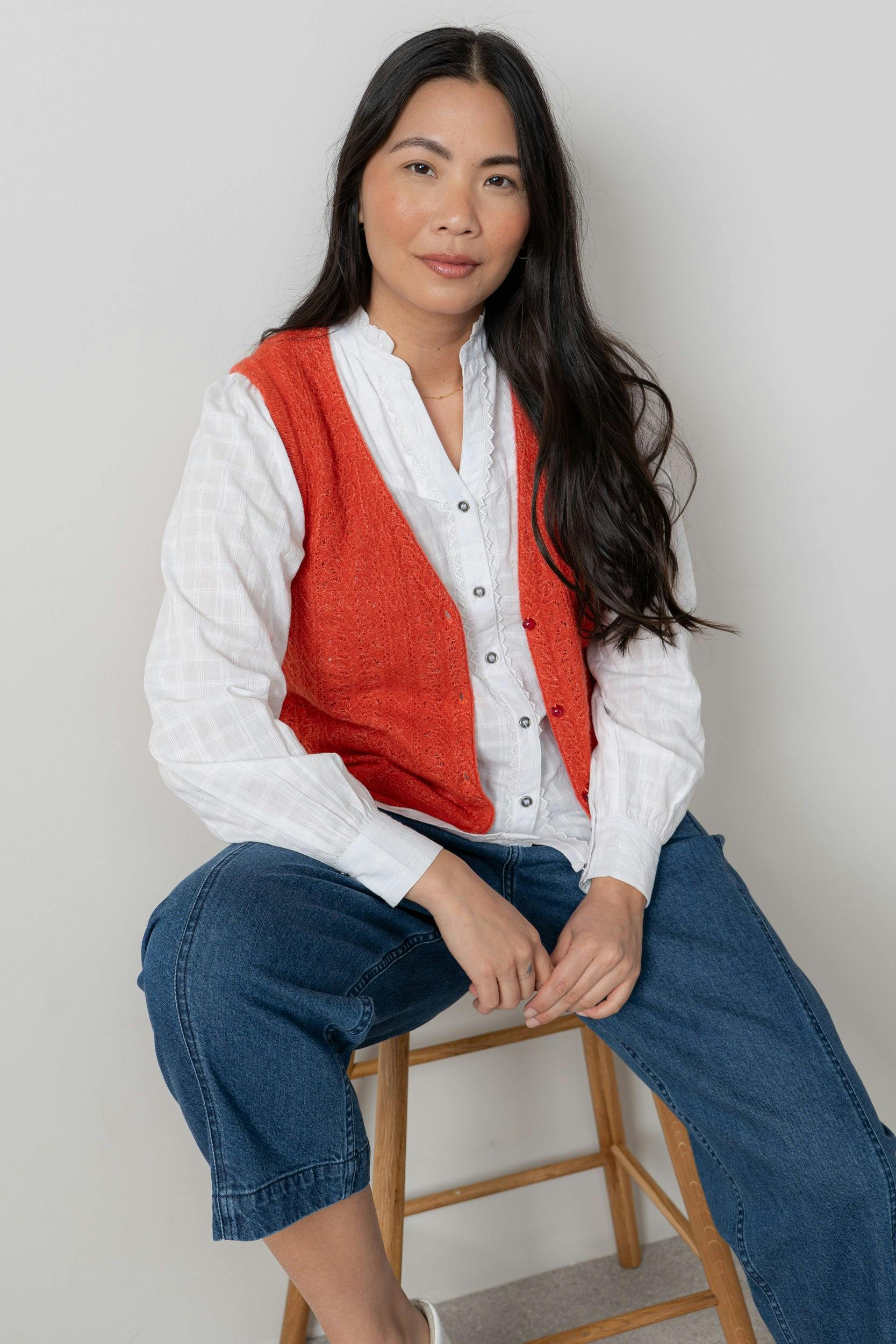 Lily & Me Red Marly Sleeveless Pointelle Knit Cardigan - 10