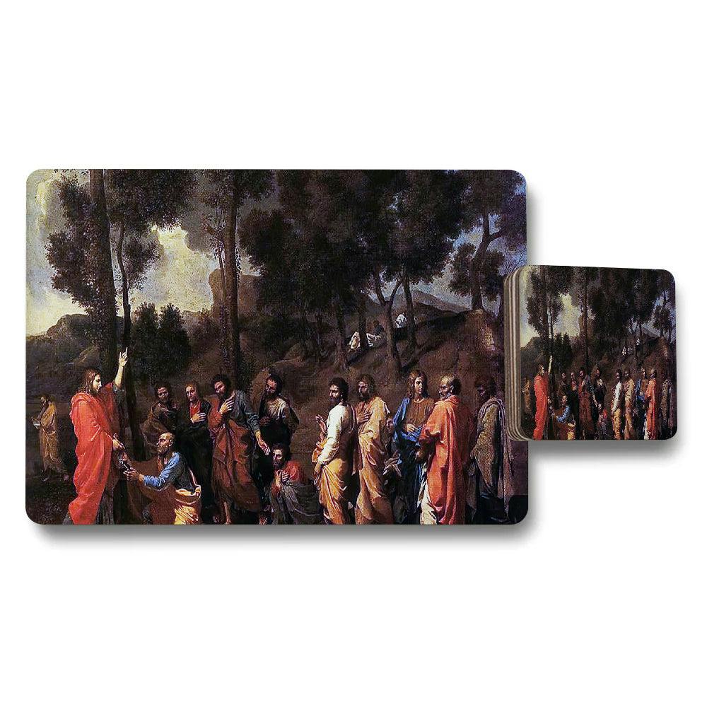 Benjamin Tate Design Biblical Scene Placemat And Coaster Set With Jesus Teaching Artwork