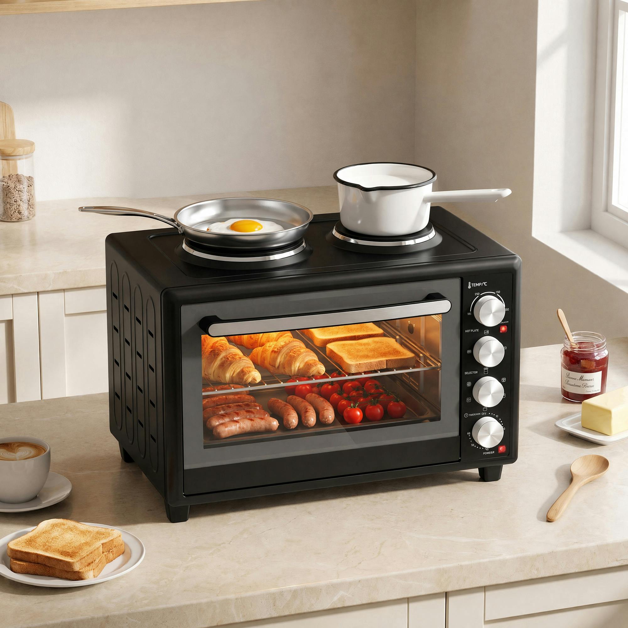 HOMCOM - 36L Mini Oven - Countertop Cooker with Dual Hot Plates - Black - Image 2