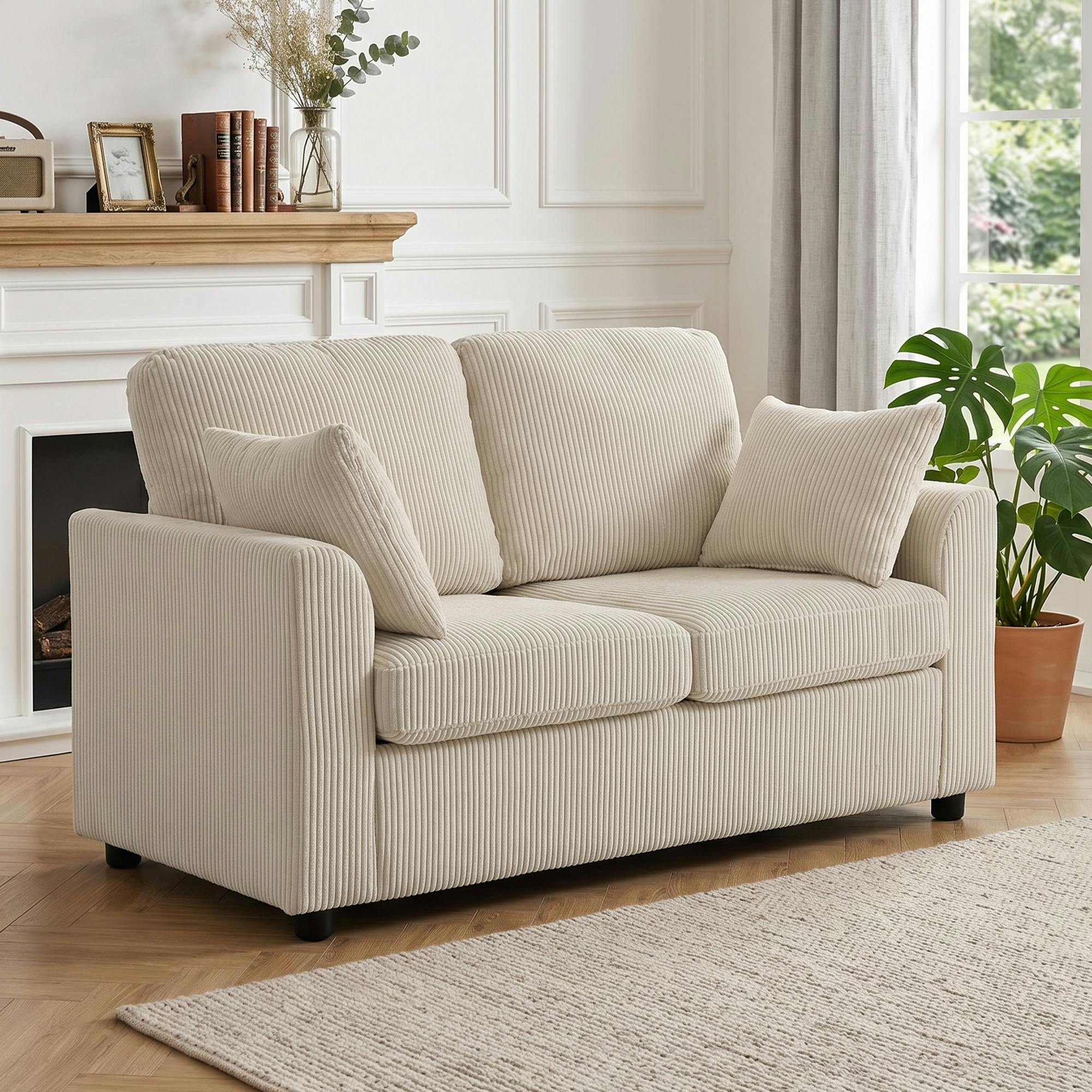 Rackhams Beige 2 Seater Sofa, Corduroy Small Couch With Spring Cushion