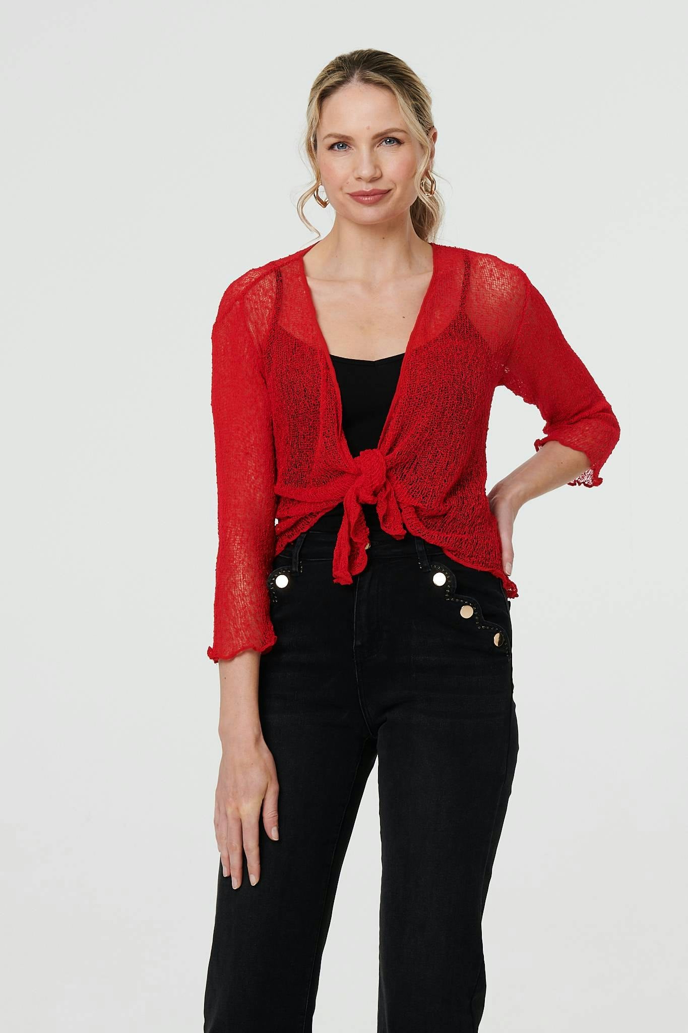 Izabel London Red Sheer 3/4 Sleeve Open Front Cardigan - One