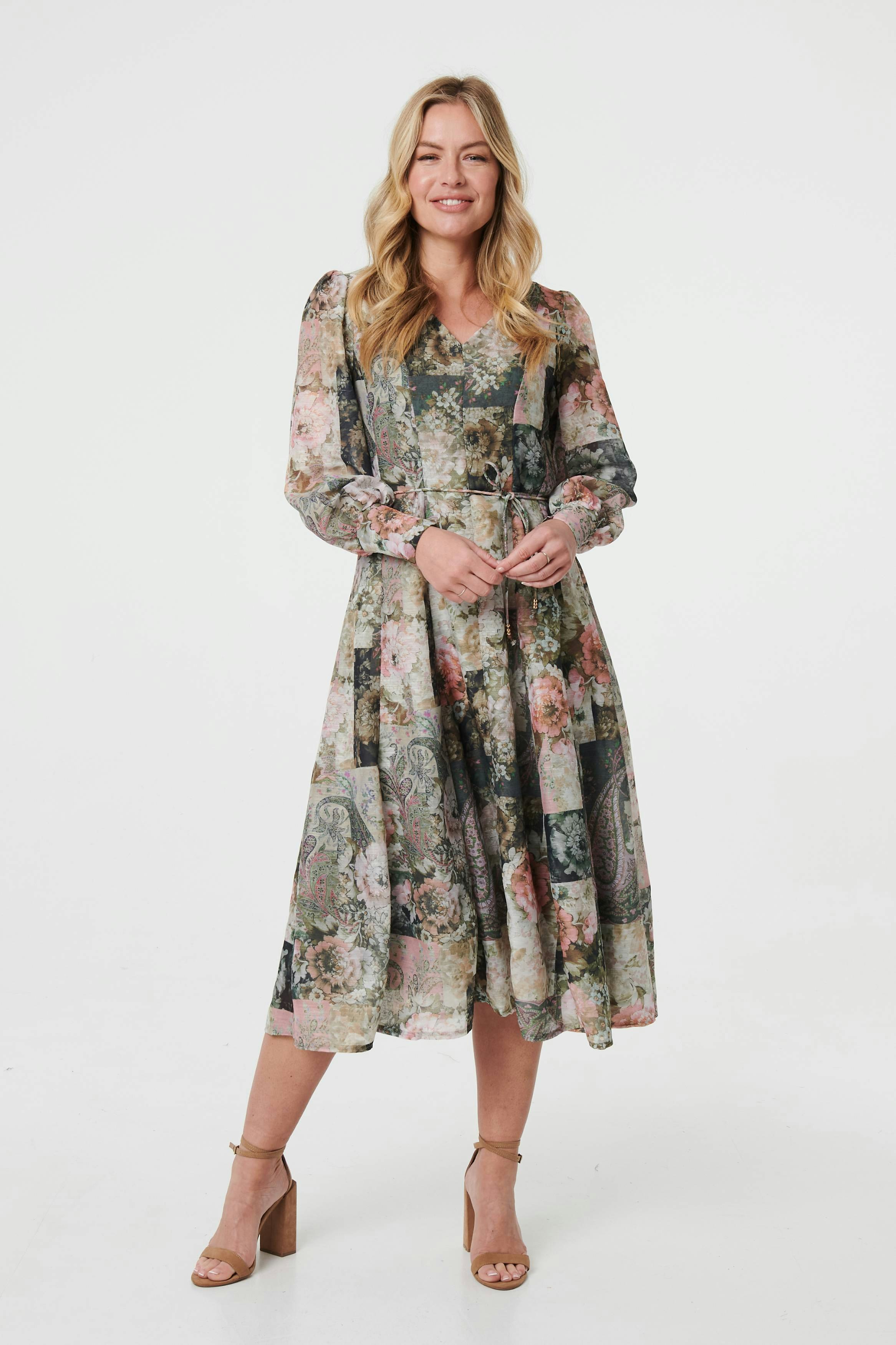Izabel London Patchwork Print Tie Waist Midi Dress - Olive - 10