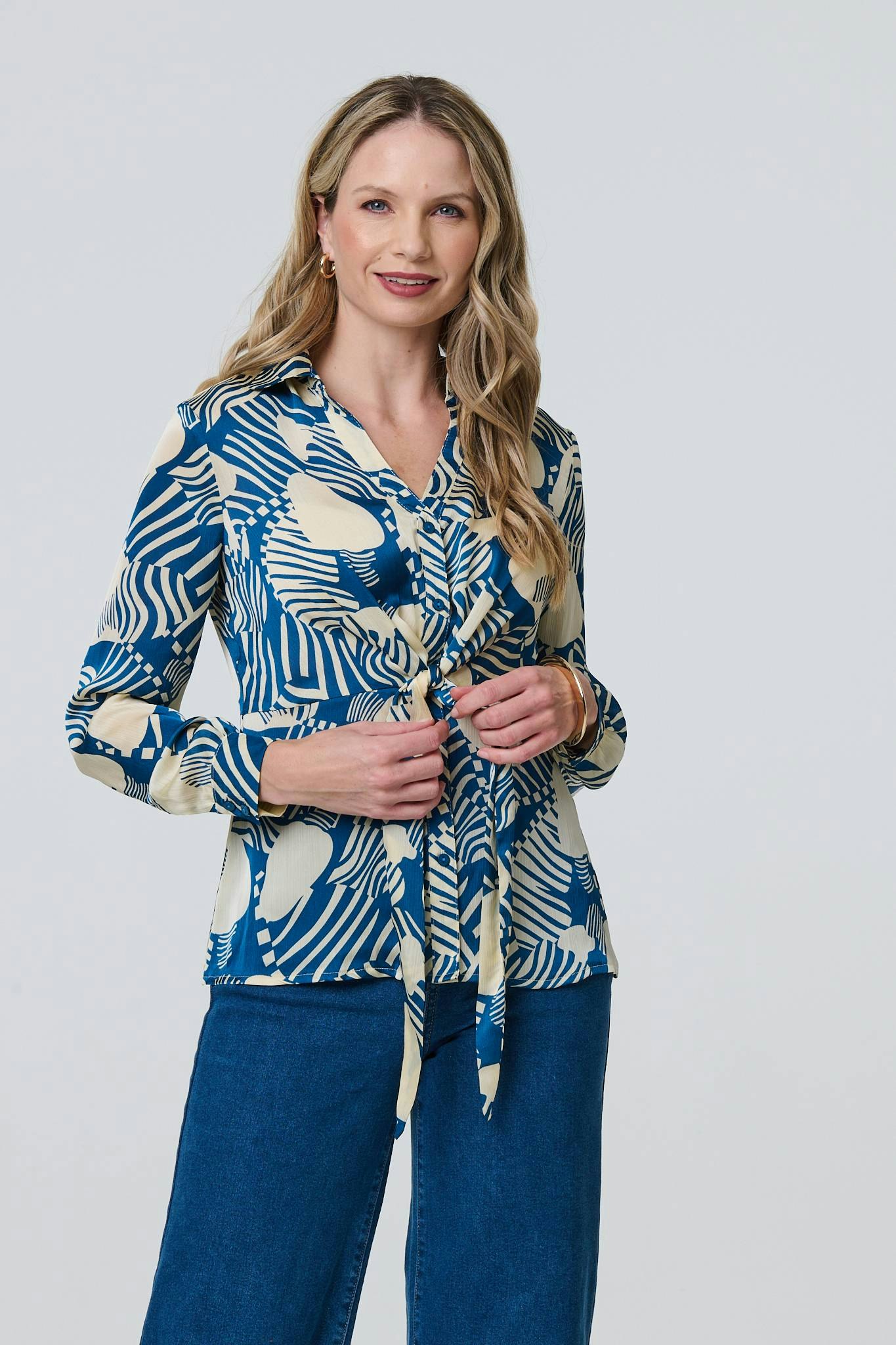 Izabel London Printed Tie Front Long Sleeve Blouse - Teal - 8