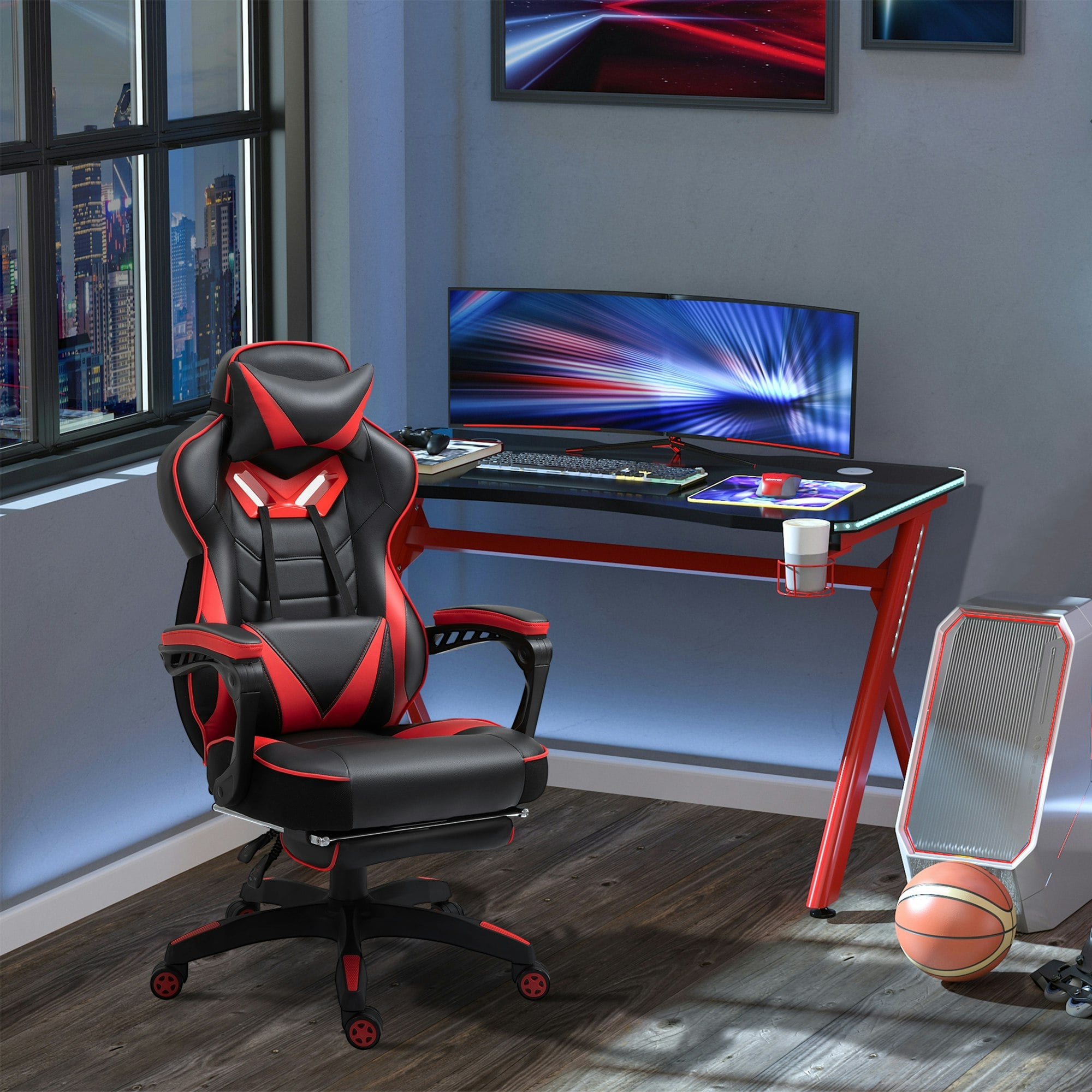 Rackhams White/Red Gaming Chair Ergonomic Reclining Manual Footrest Wheels Stylish