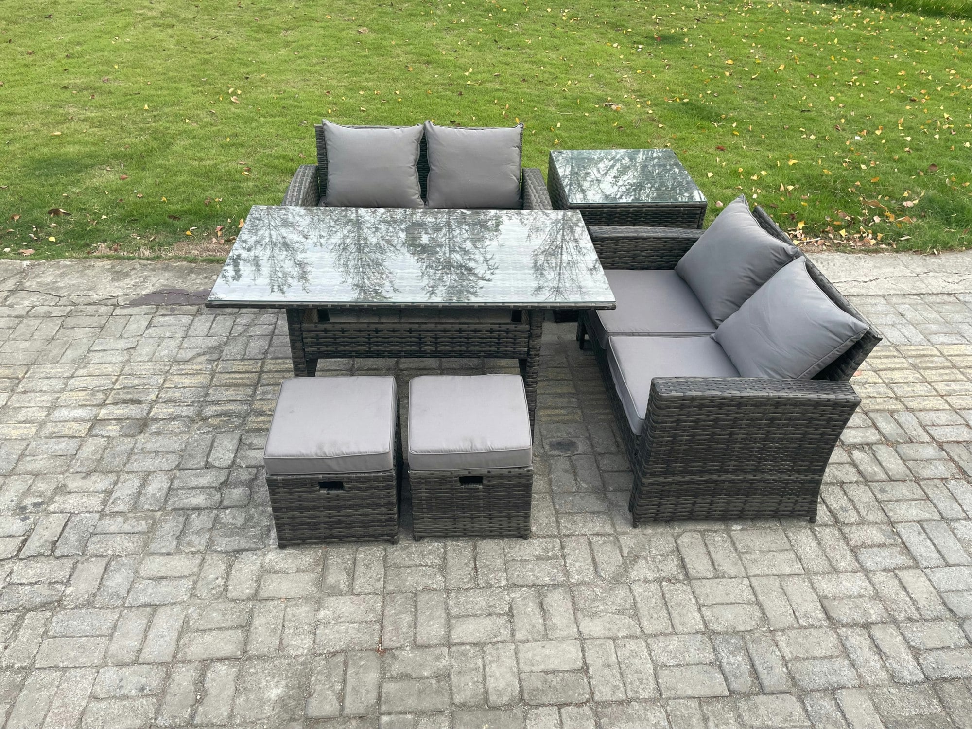 Rackhams Dark/Grey Pe Wicker Rattan Garden Furniture Set Love Sofa Outdoor Rectangular Dining Table 2 Small Footstool Side Table Mixed
