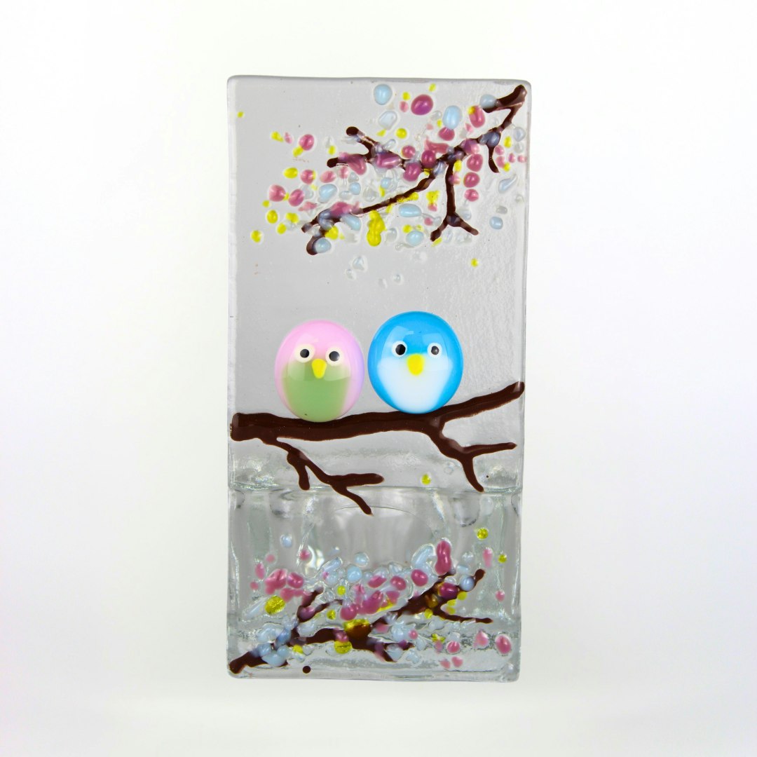 Rackhams Light Fused Glass Tea Holder – Love Birds & Spring Blossom (Handmade)