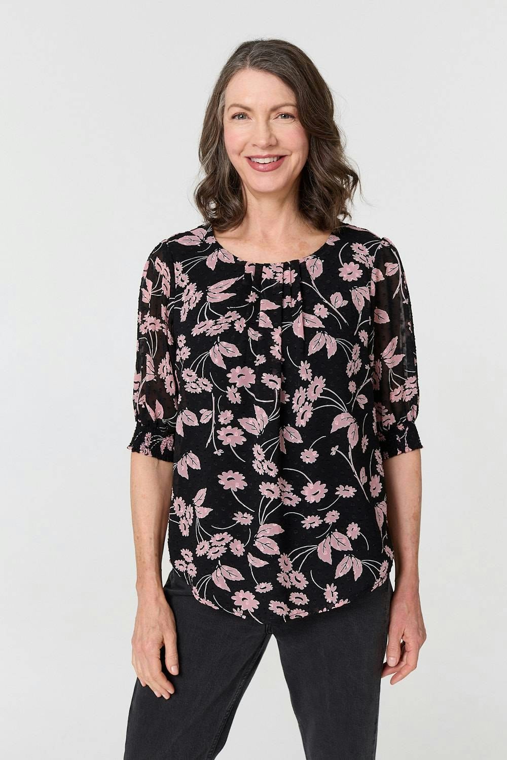 Izabel London Black Floral Relaxed 1/2 Puff Sleeve Blouse - 14
