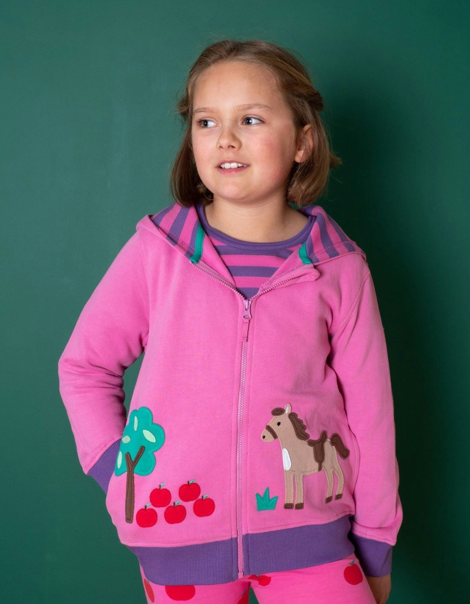 Toby Tiger Red/Pink/Purple Organic Horse Applique Hoodie - 6-12M / 80Cm
