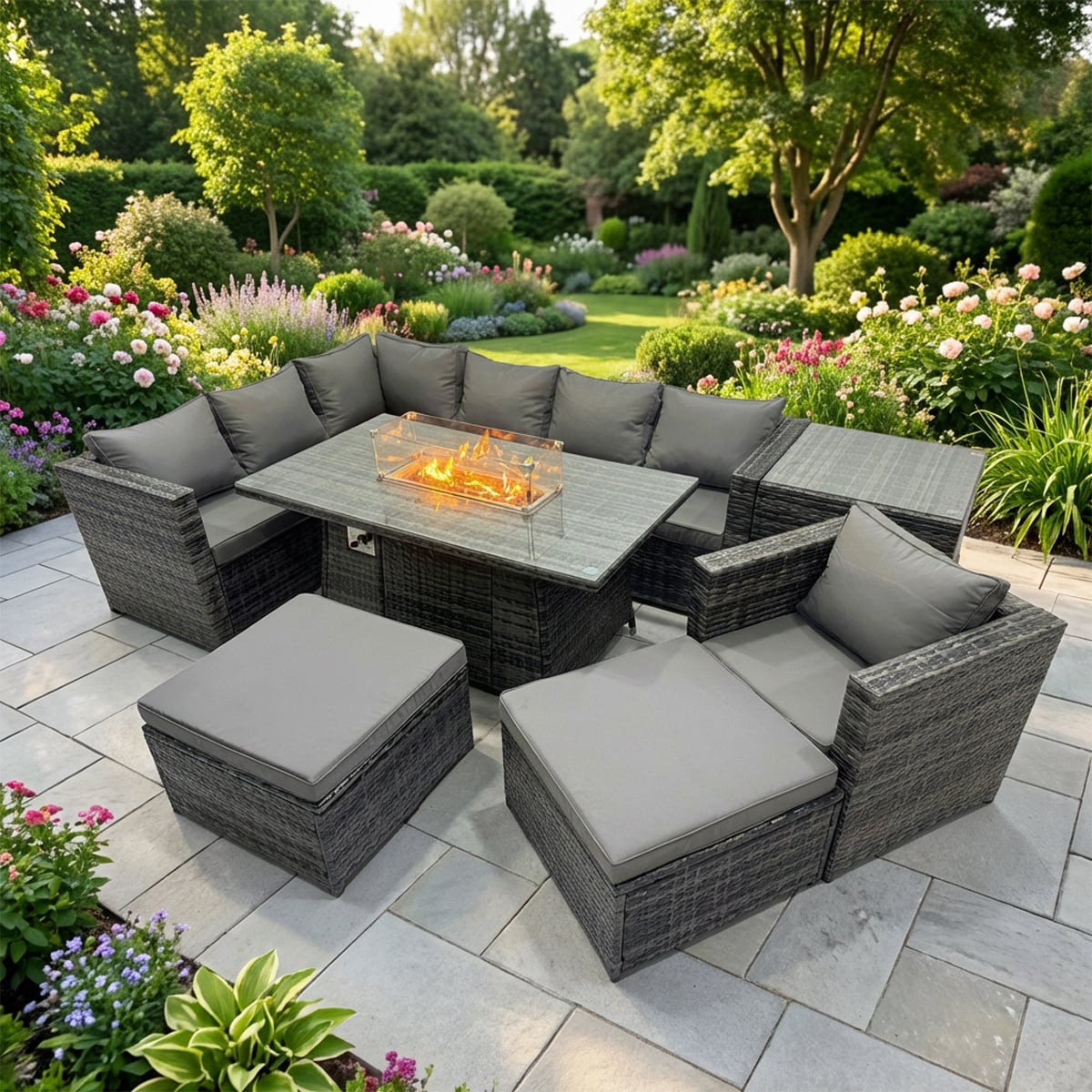 Rackhams Dark/Grey 9 Seater Rattan Garden Furniture Set With Gas Fire Pit Dining Table, Corner Sofa, 2 Stools & Side Table - Mixed