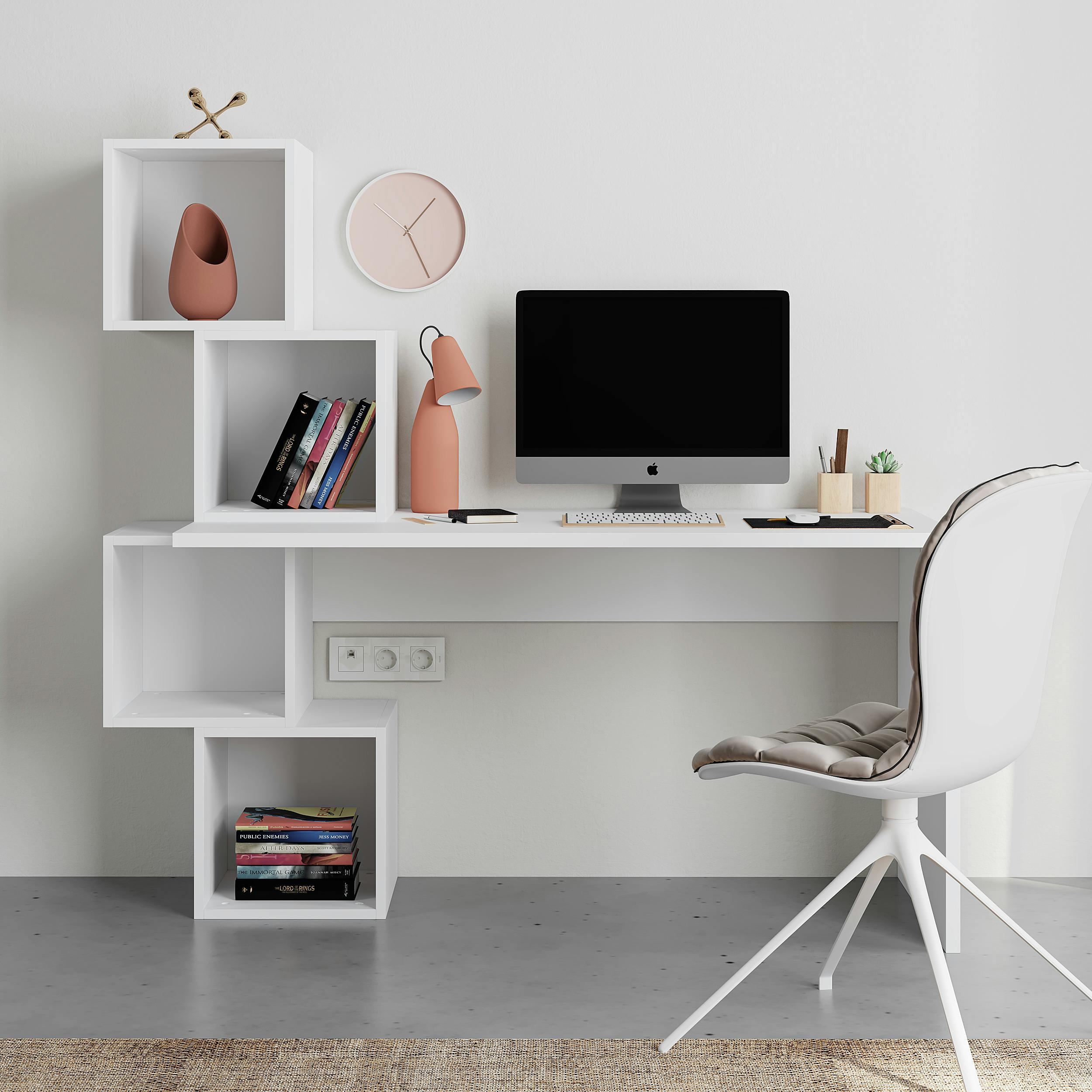 Decortie White Balance Desk Modern 4-Tier Open Storage Shelves Engineered Wood 140X153.5x60cm