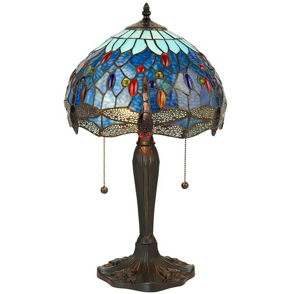 Loops Light/Dark/Bronze Tiffany Glass Table Lamp Base & Blue Dragonfly Shade I00193 Small