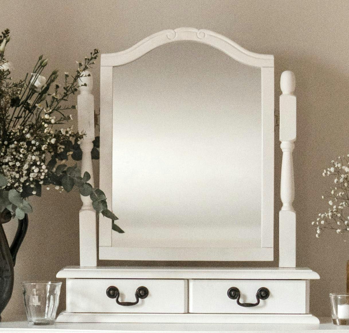 Statement Furniture White Juliette Trinket Mirror, Wooden Dressing Table Mirror With Drawers