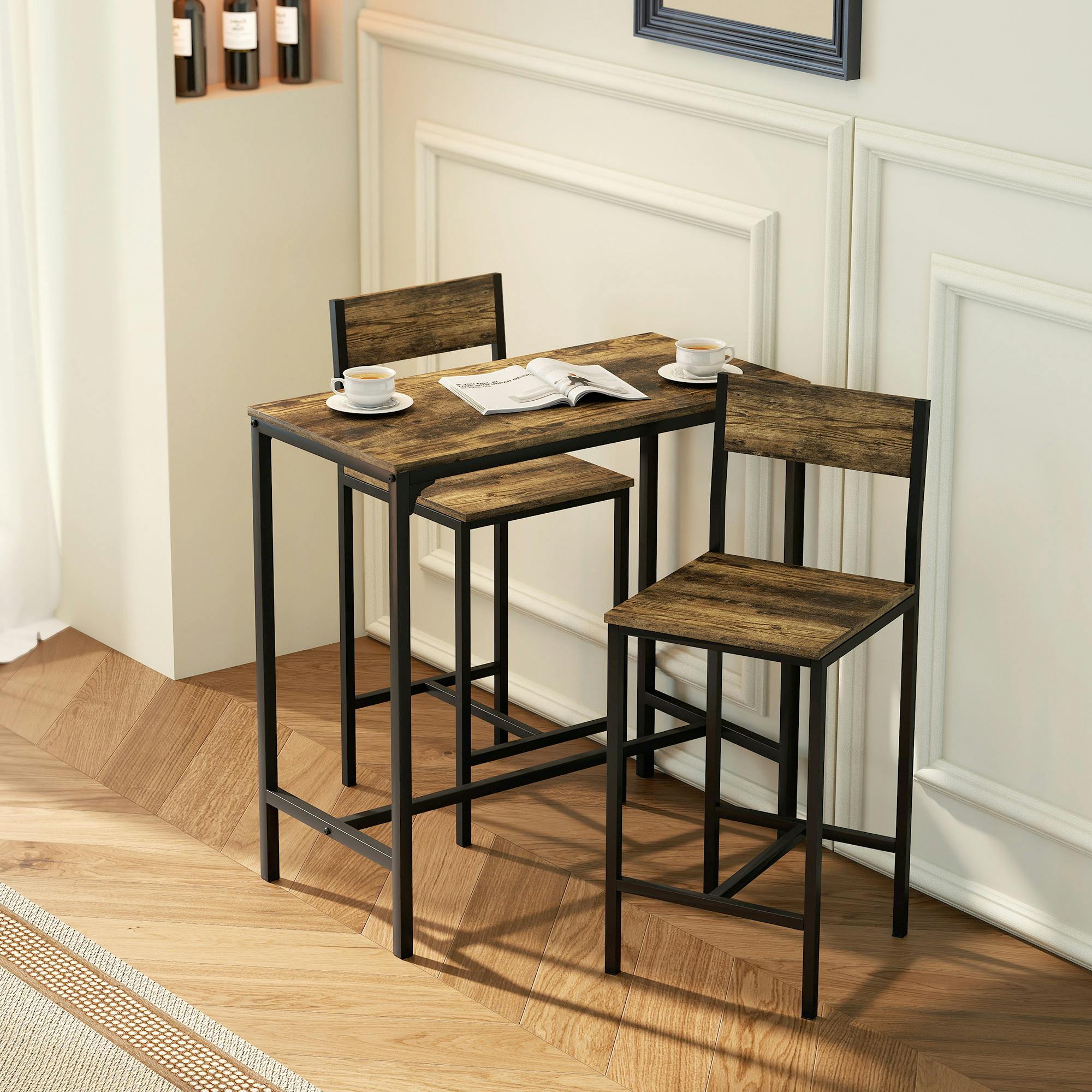 Rackhams Brown/Black Bar Table And Stools Set, Kitchen Table And 2 Chairs With Backrest, Footrest - Rustic - Mdf, Metal - 3