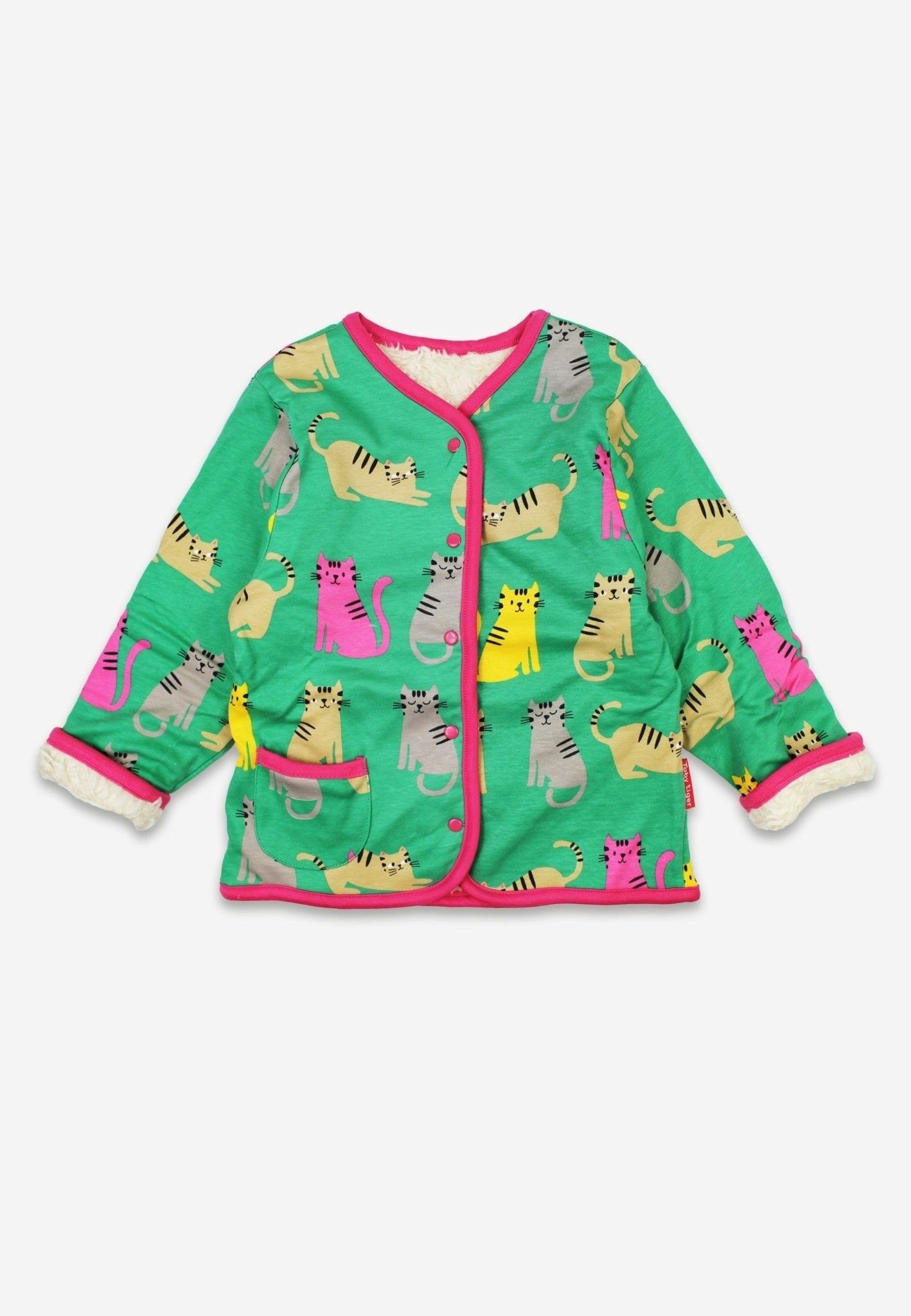 Toby Tiger Green/Grey/Pink Organic Kitten Print Reversible Jacket - 6-7Y / 122Cm