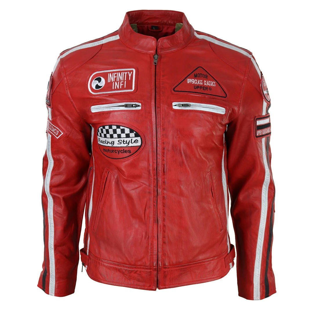 Infinity Leather Men's Red Leather Company Zipped Biker Leather Jacket - Large