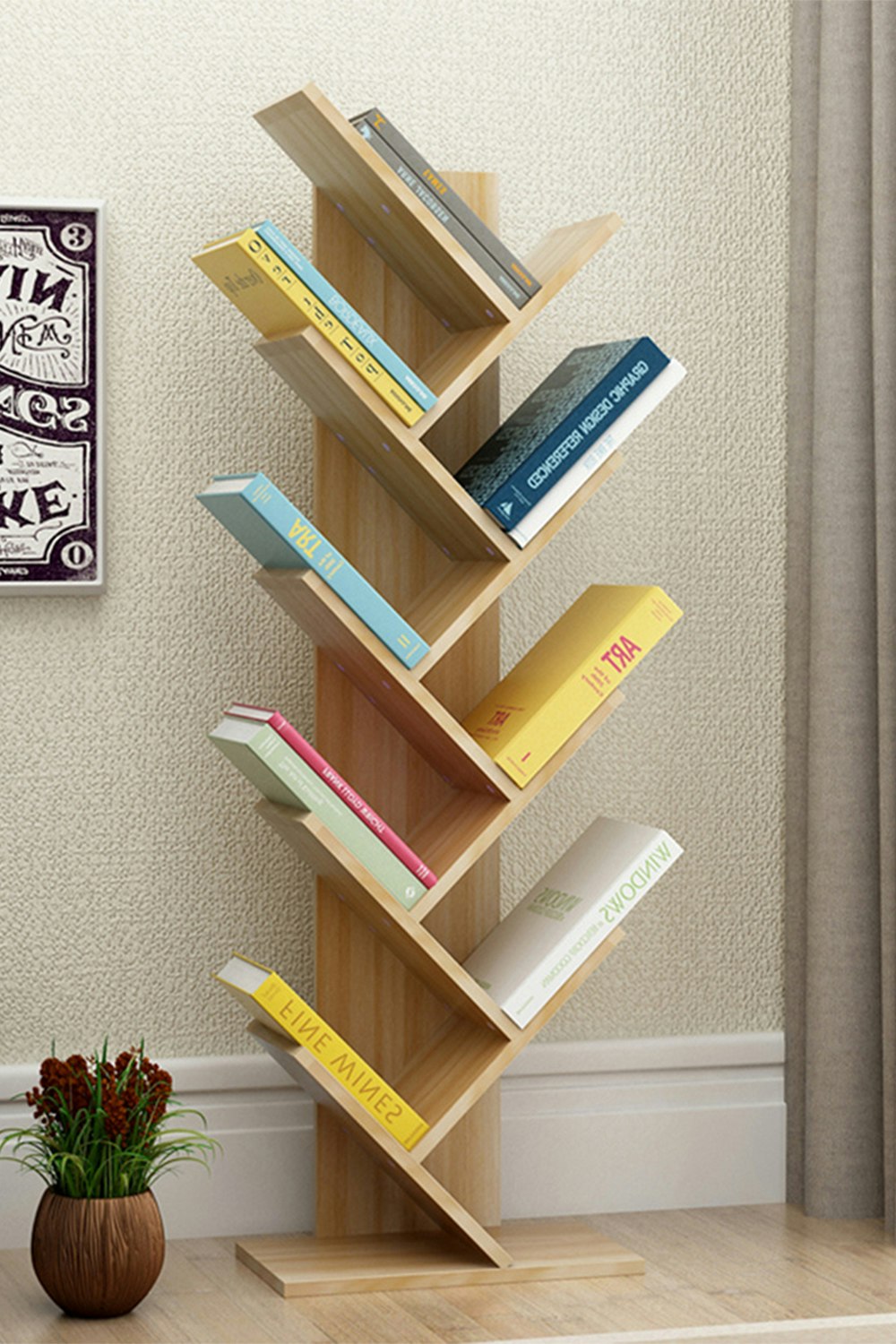 Living And Home Brown 9-Tier Rustic Standing Tree Bookshelf Wood Display Rack
