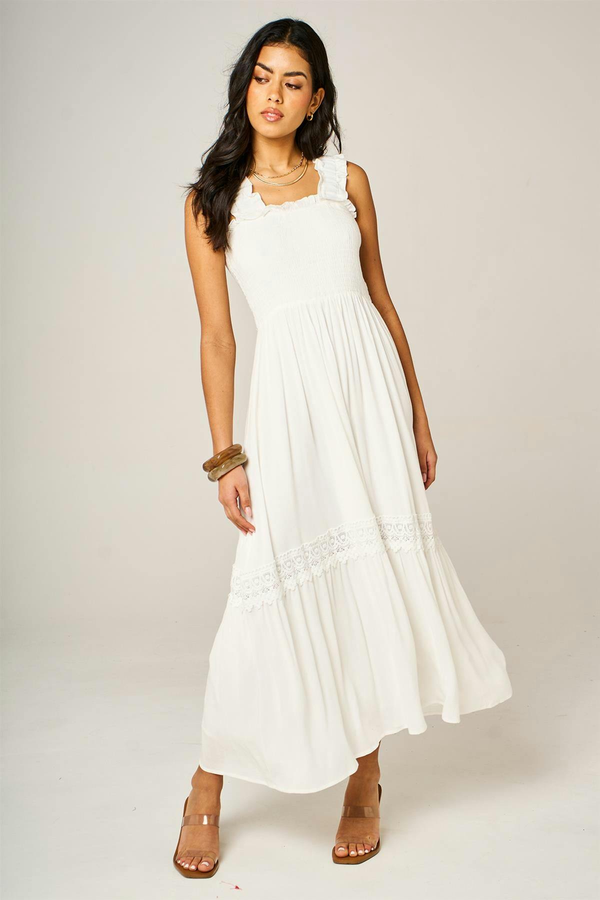 Fs Collection White Lace Detail Tiered Maxi Dress In - Xs