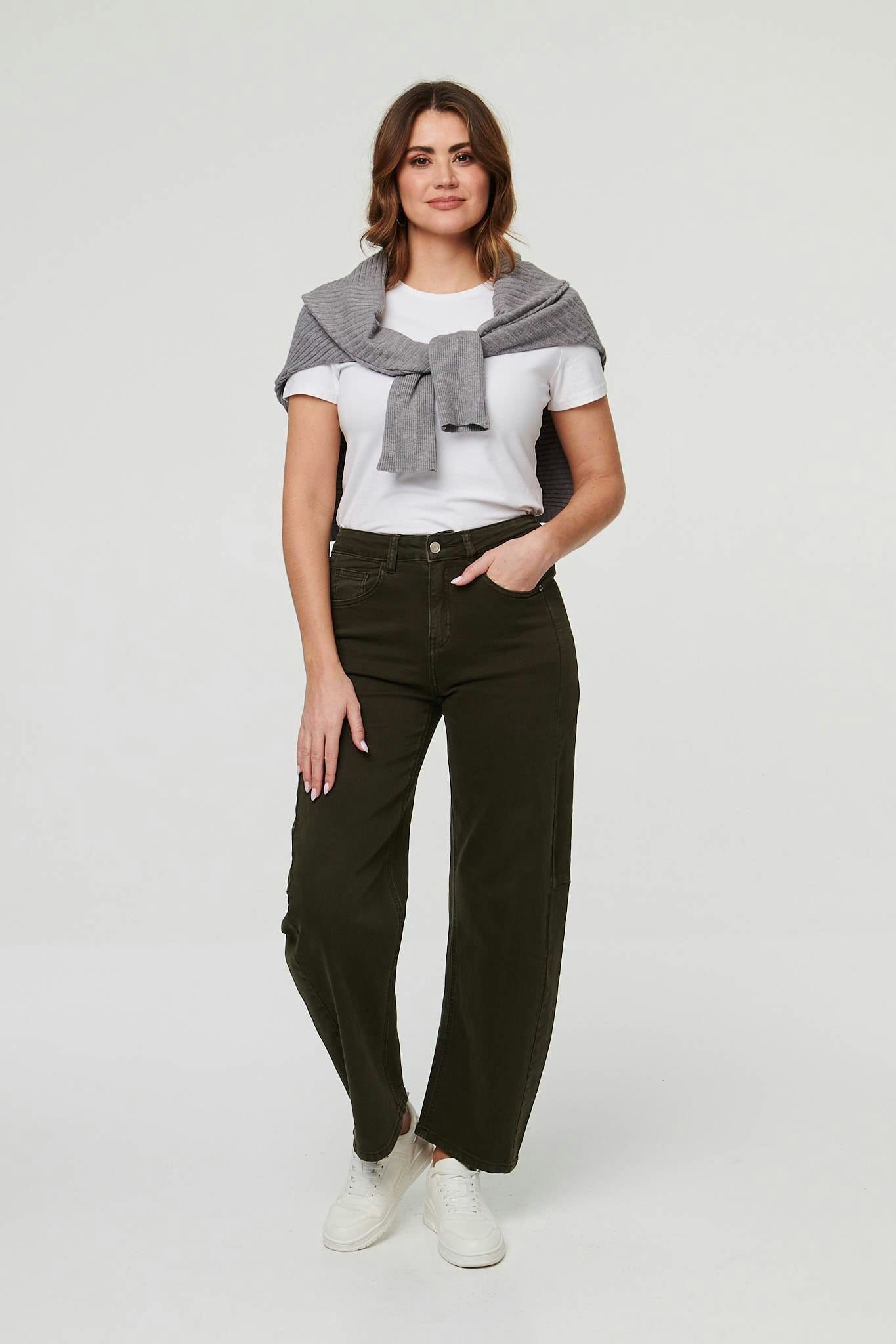Izabel London High Waist Wide Barrel Fit Jeans - 12 - Khaki