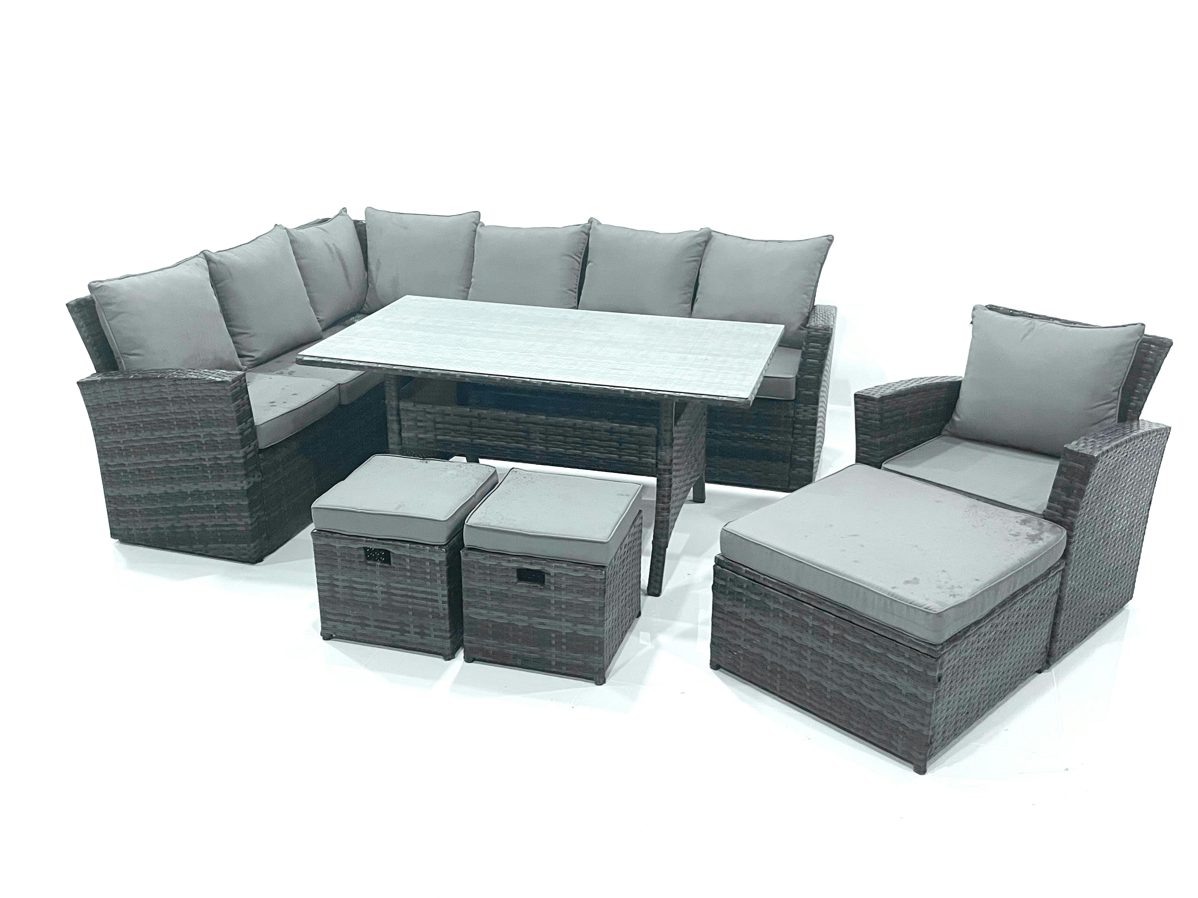 Fimous Dark/Grey Outdoor Furniture Garden Dining Set Rattan Corner Sofa Set With 3 Footstools Armchair Mixed