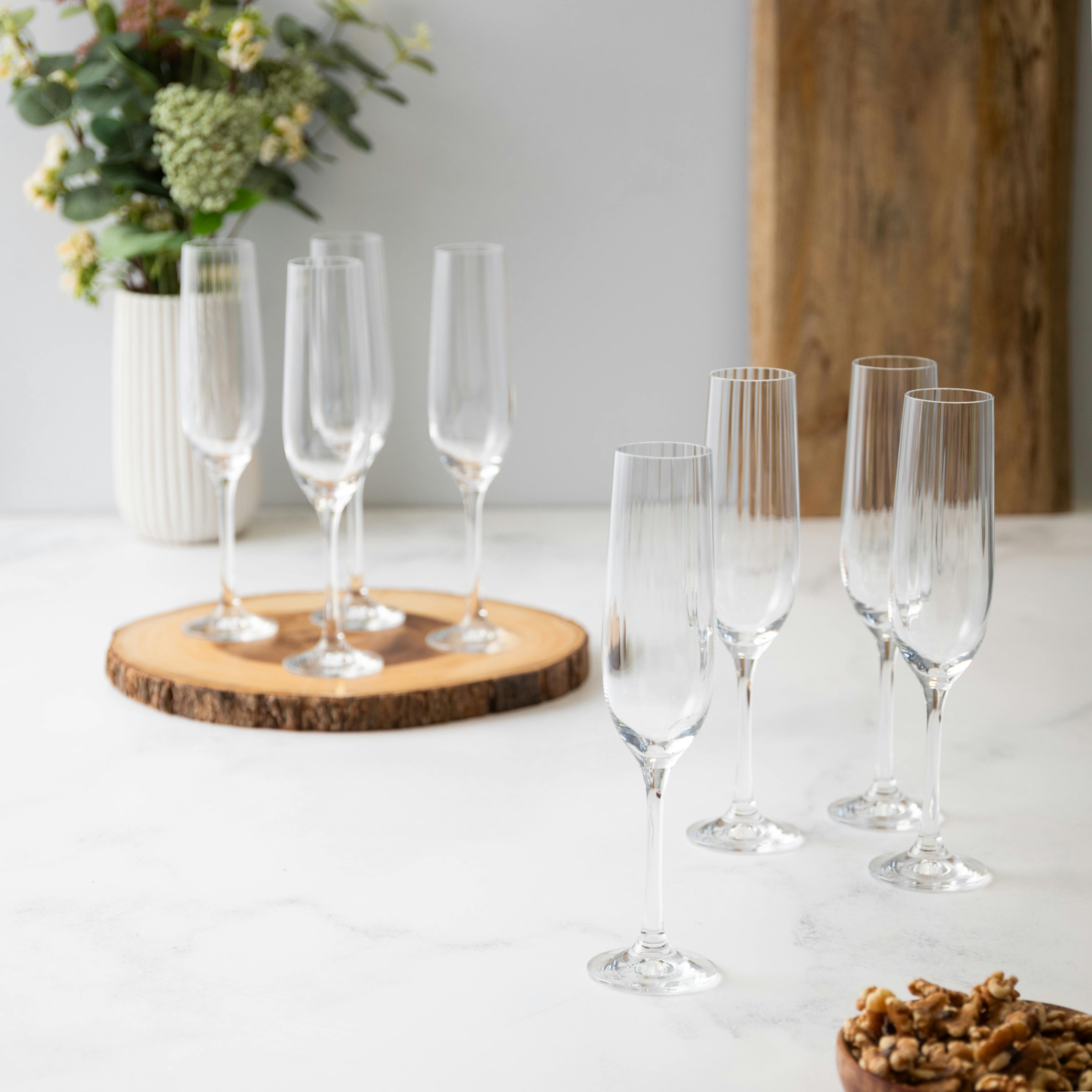 Rackhams Light Treviso Champagne Flute Glass Set, Set Of 8 Elegant Ridged Crystal Glassware, 190Ml - Clear - Glass - Champagne Glasses
