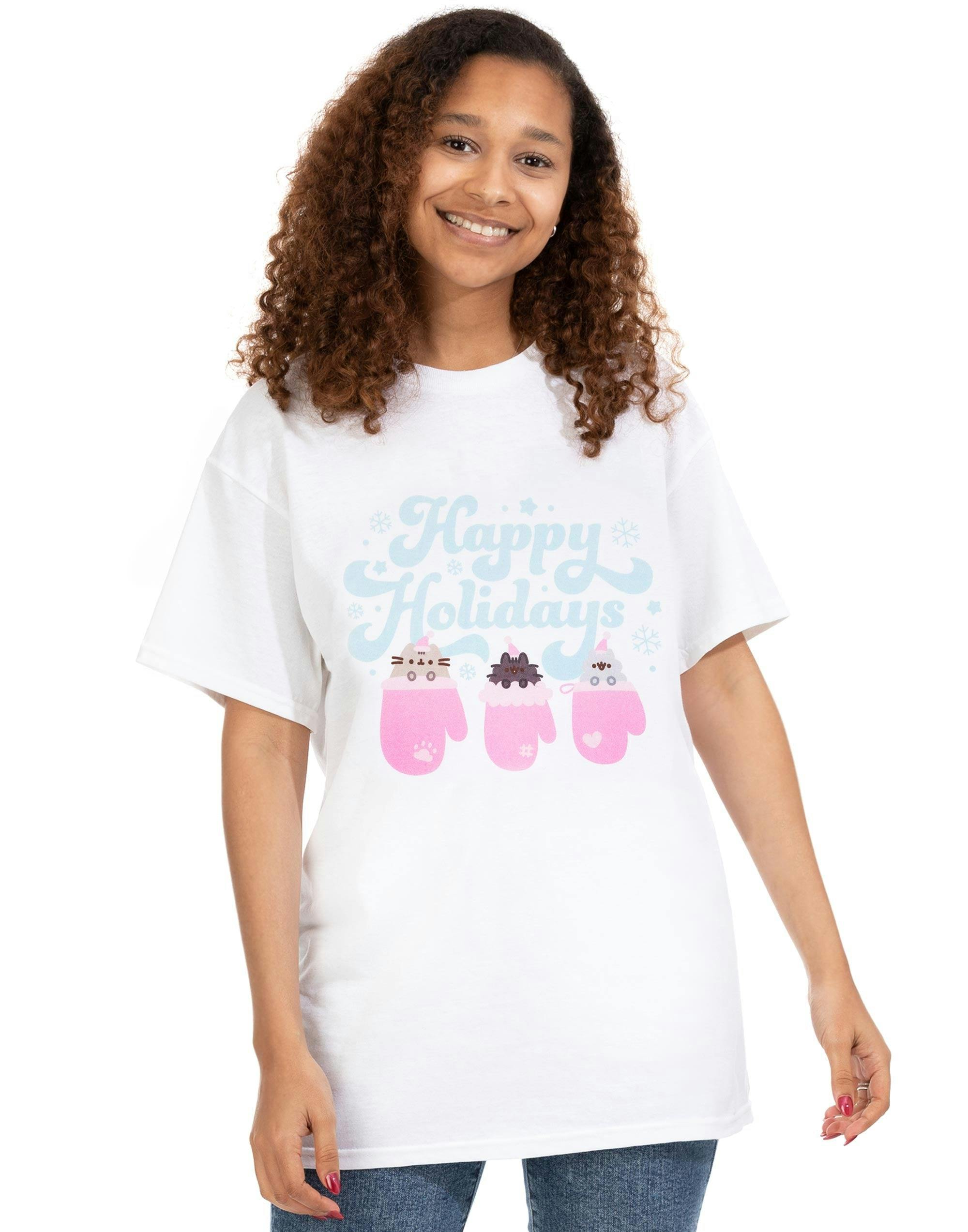 Vanilla Underground Women's White Pusheen Happy Holidays Short Sleeved T-Shirt - Large