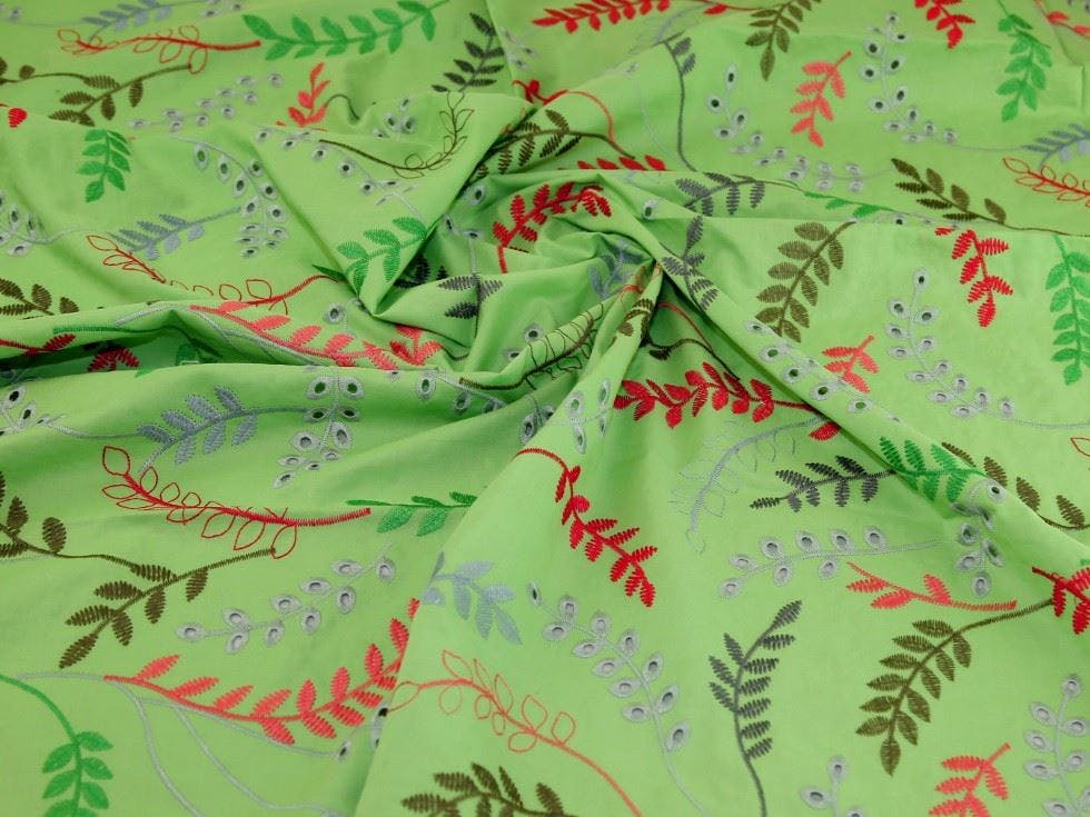 Minerva Green Core Range Deadstock Embroidered Cotton Lawn Fabric - Flowers Design Dressmaking Fabric, 145 Cm / 58" Wide - Per Metre