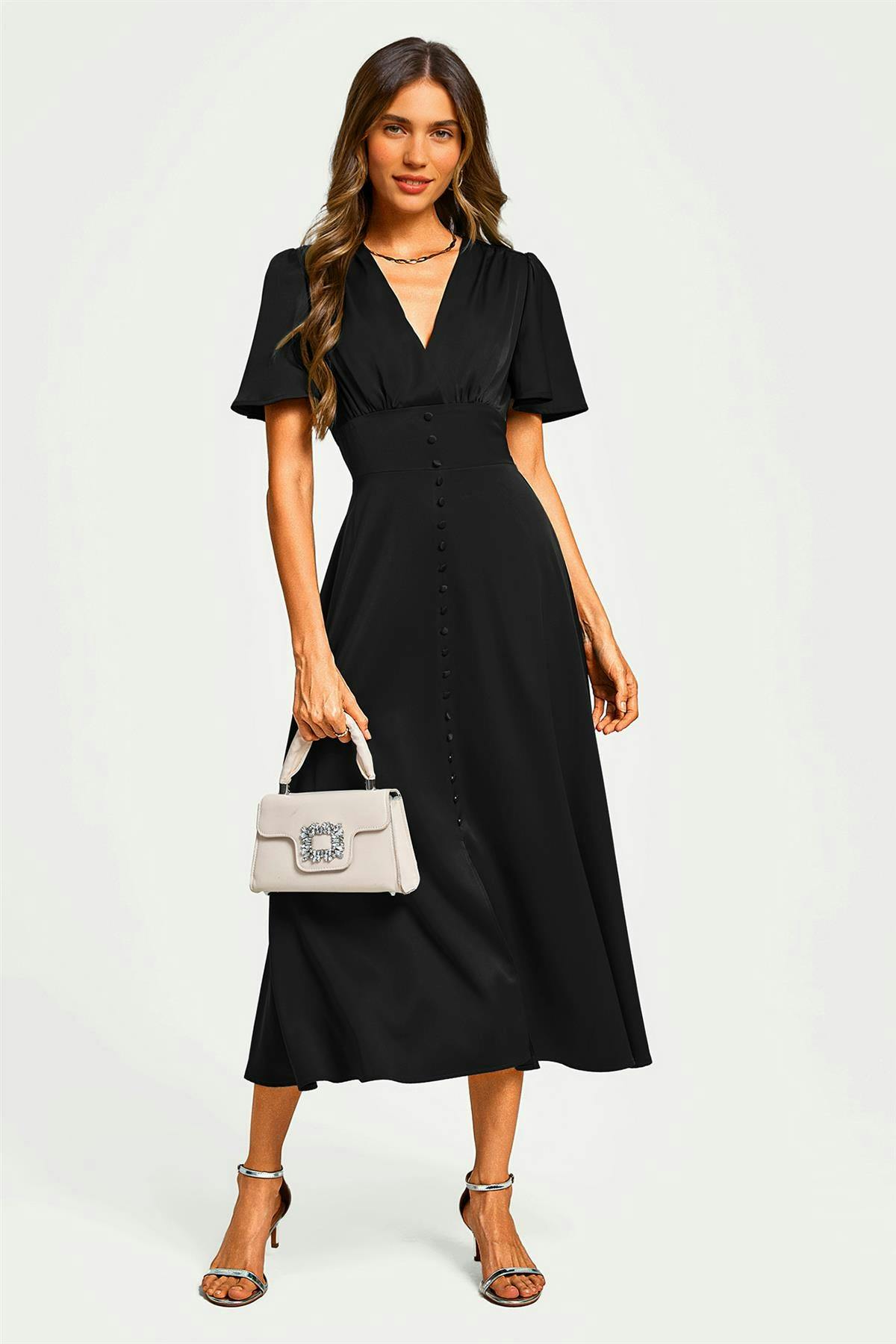 Fs Collection Women's Black Satin V Neckline Button Detail Dress In - Xl