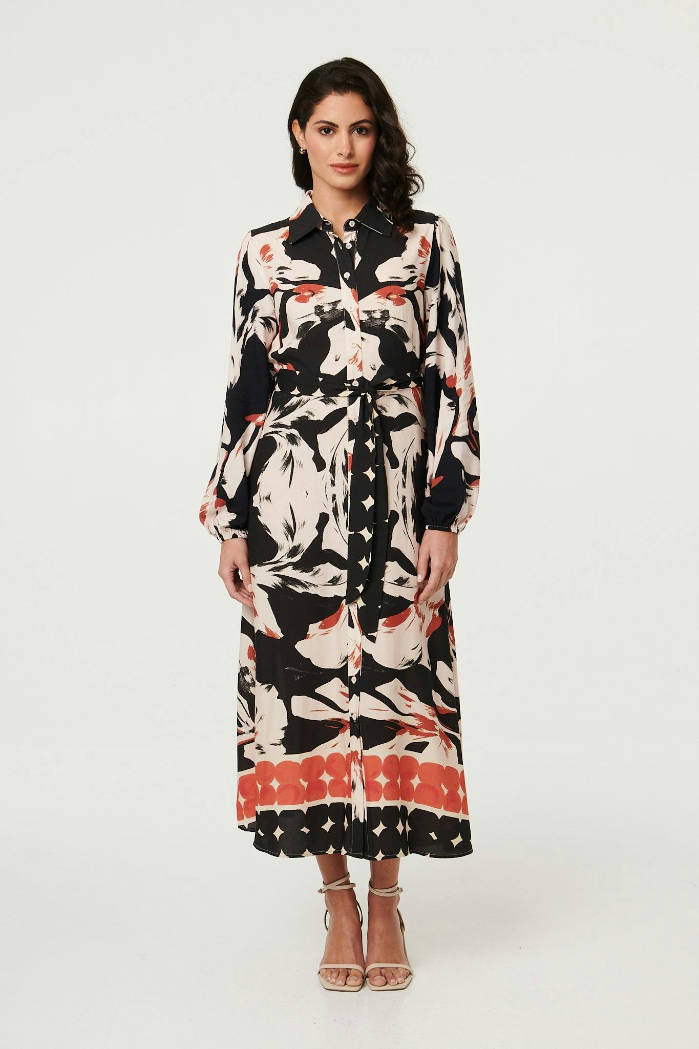 Izabel London Black Abstract Long Sleeve Midi Shirt Dress - 16