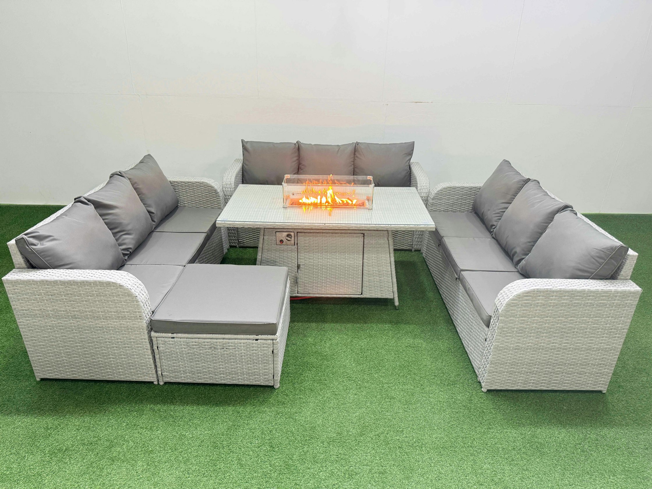 Fimous Light/Grey Pe Rattan Lounge Sofa Set 10 Seater Outdoor Garden Furniture Set With Fire Pit Dining Table 3 Seater Sofa Big Footstool