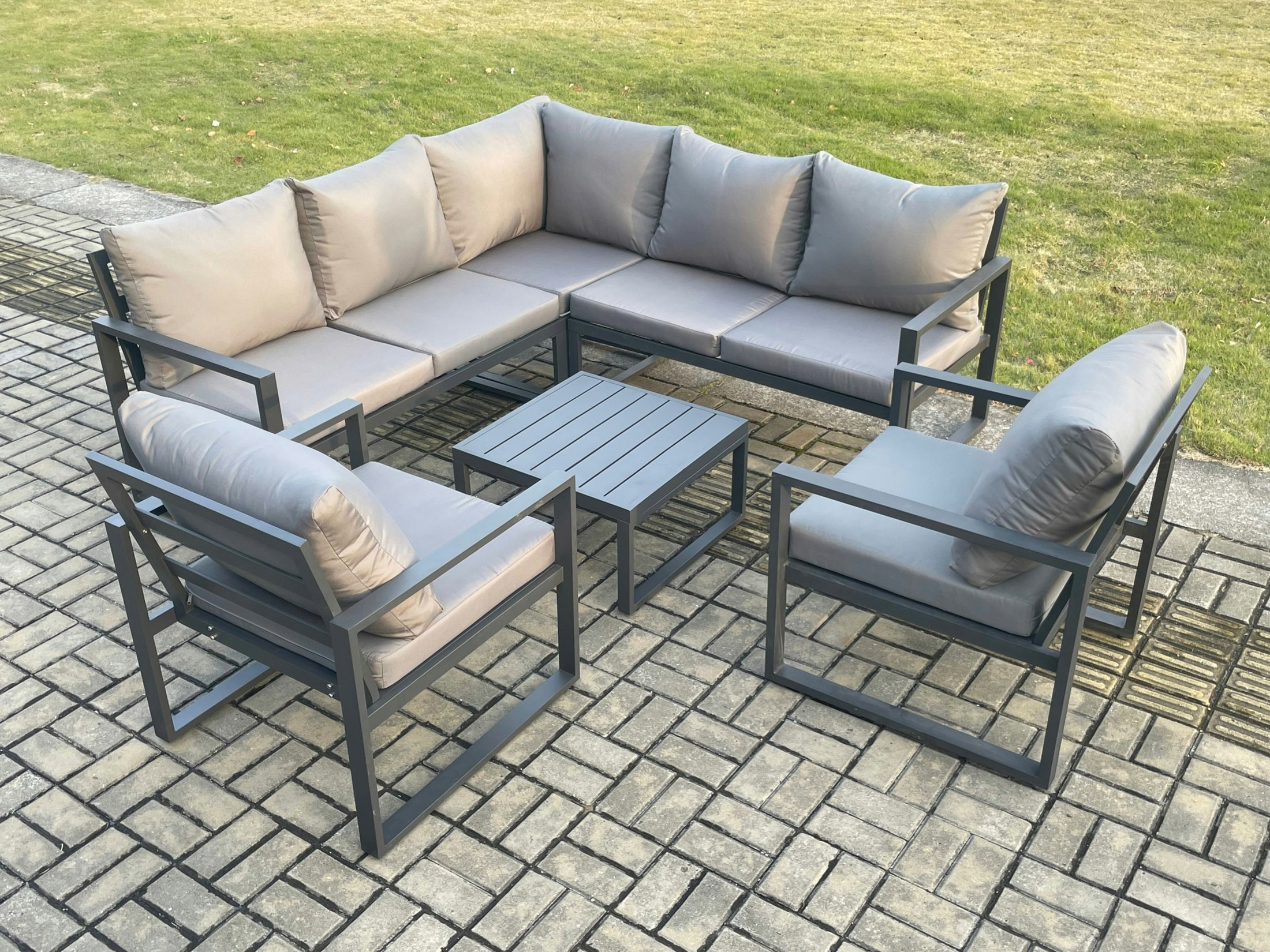 Rackhams Dark/Grey Outdoor Garden Furniture Set Aluminium Lounge Sofa Square Coffee Table Sets With 2 Pcs Chair Indoor Conservatory Set