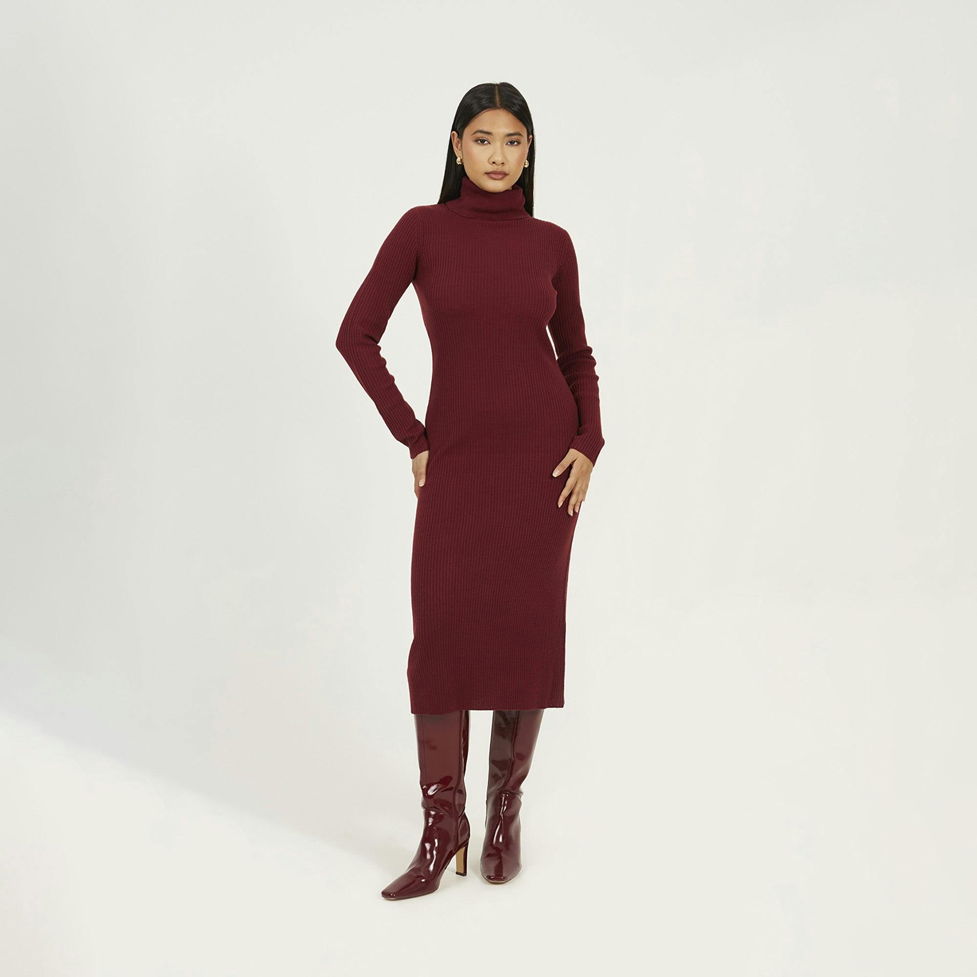 Brave Soul Roll Neck Ribbed Knit Midi Dress - Wine - Wine - S