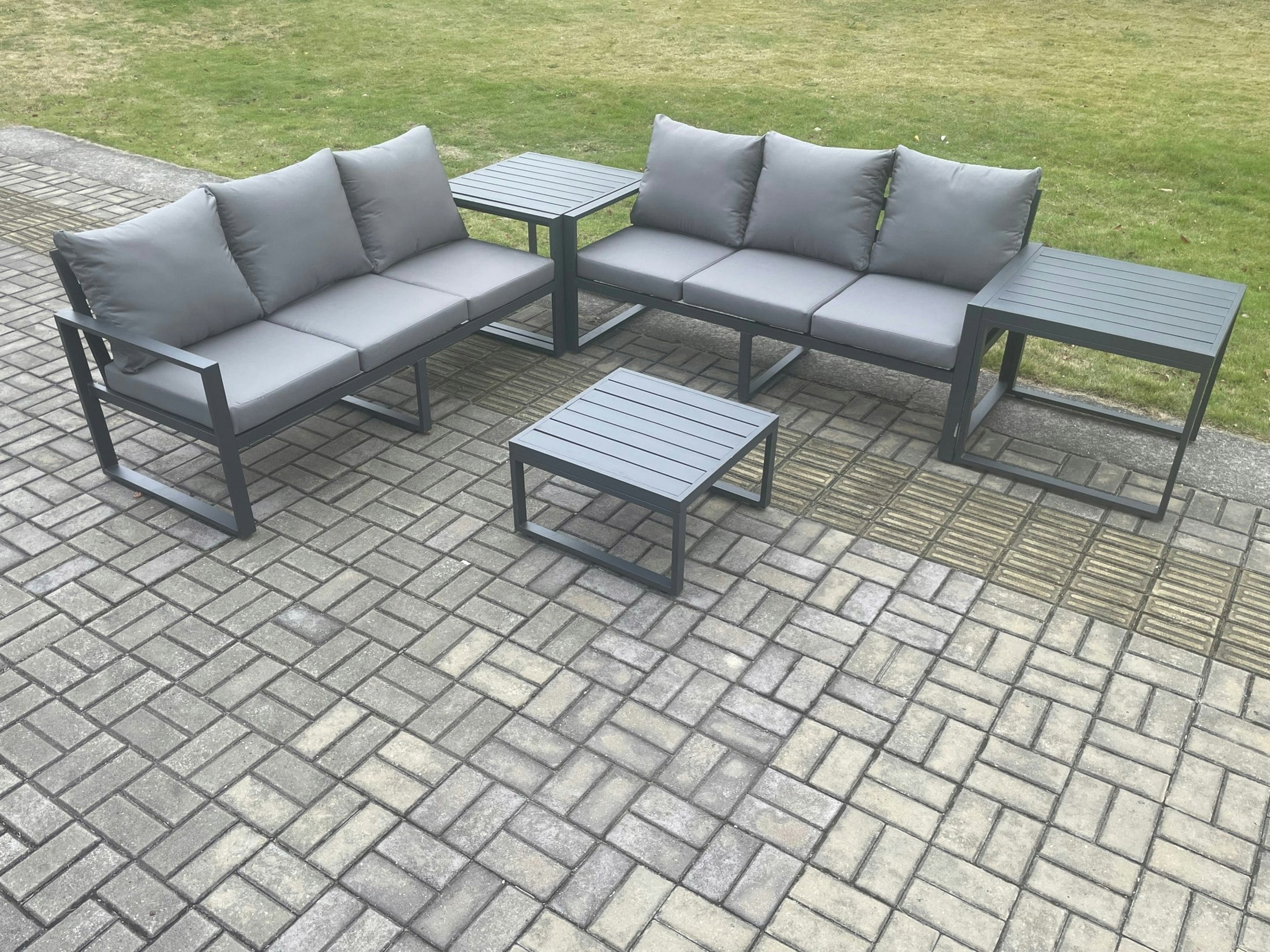 Fimous Dark/Grey Aluminium 5 Pieces Garden Furniture Sofa Set With Cushions 6 Seater Outdoor Patio Set With Square Coffee Table 2 Side Tables